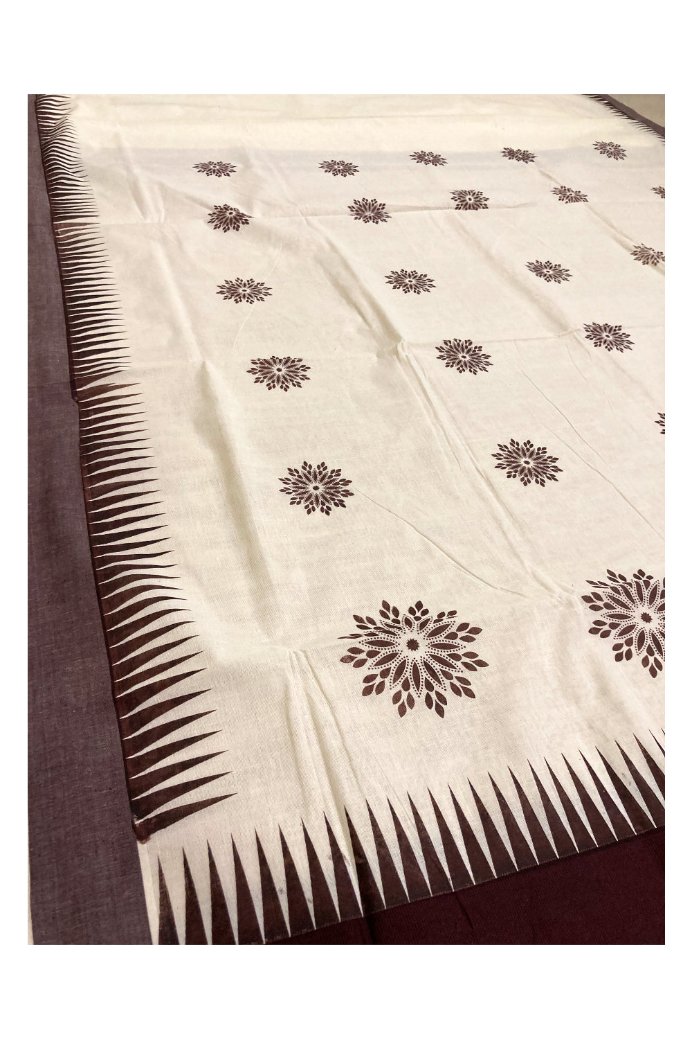 Pure Cotton Kerala Saree with Dark Brown Block Printed Design