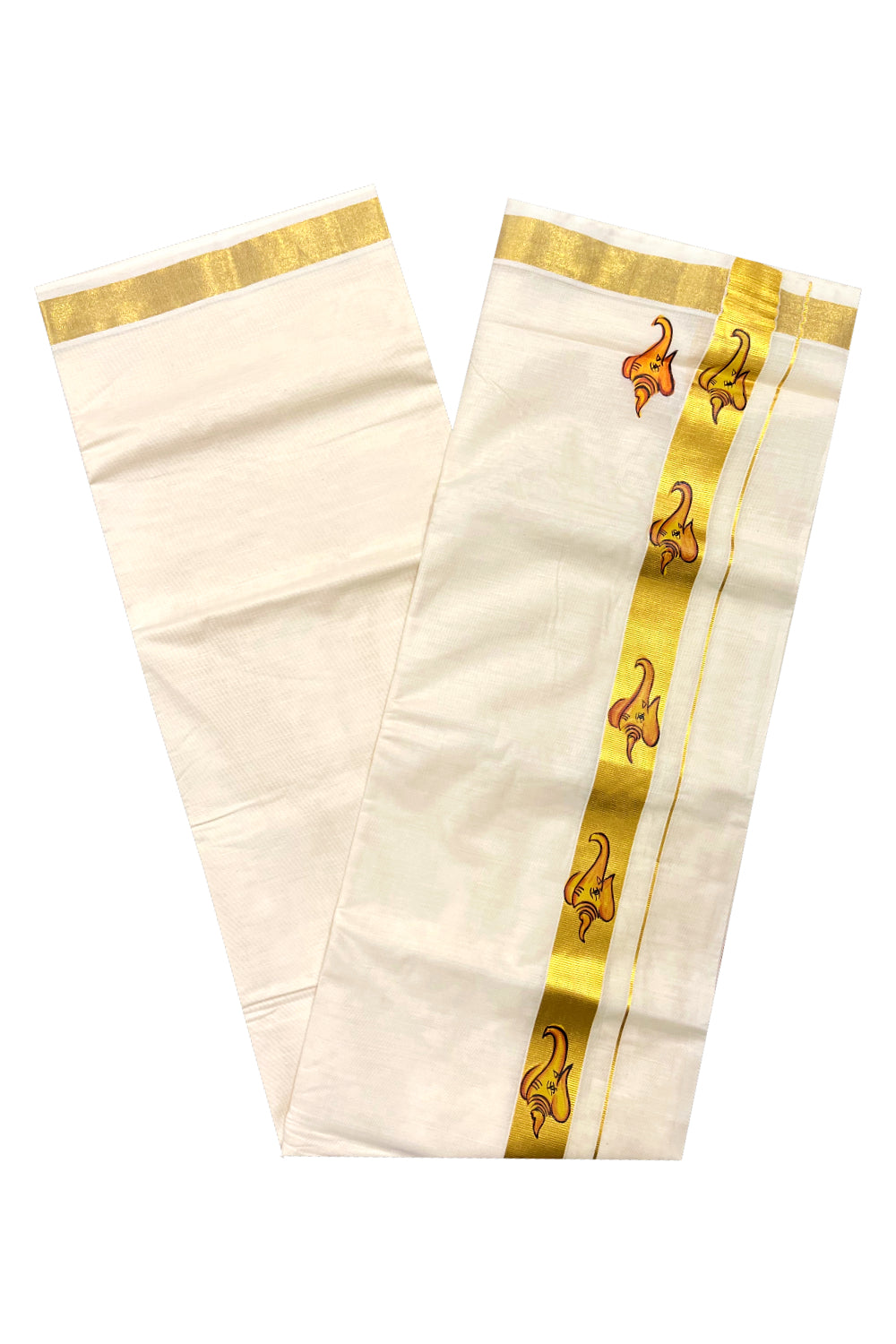 Pure Cotton Kasavu Mundu with Mural Hand Painted Design (South Indian Kerala Dhoti)