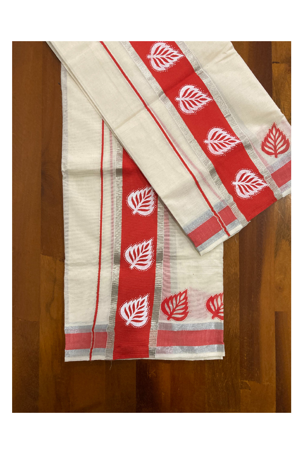 Single Set Mundu with Silver Kasavu and Red Kara with Block Prints (2.80 m, Mundum Neriyathum)
