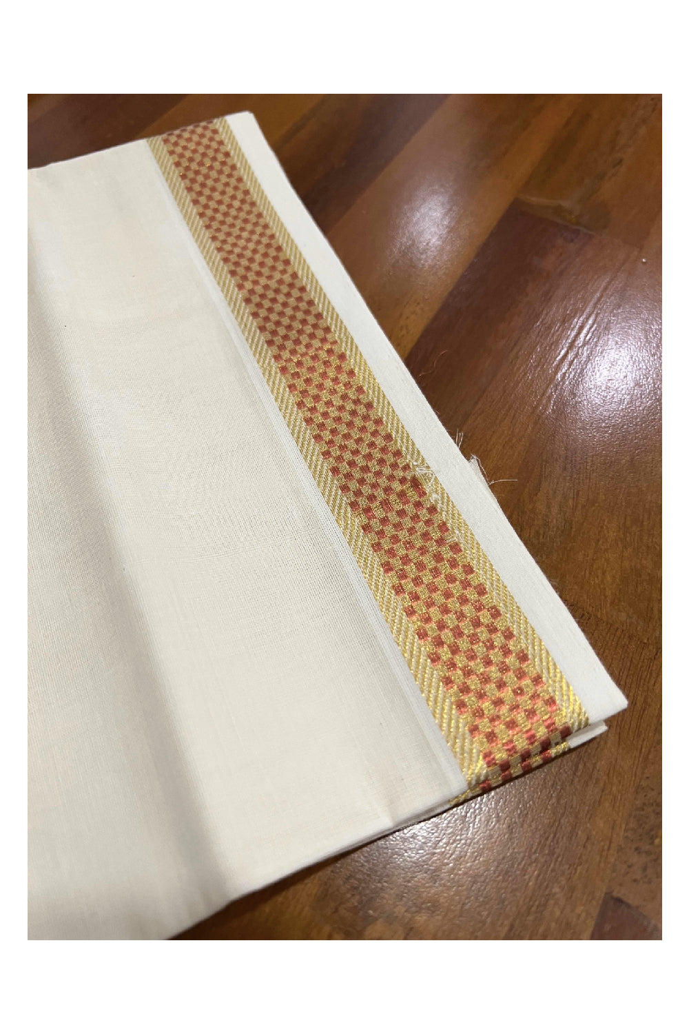 Southloom Kuthampully Handloom Pure Cotton Mundu with Golden and Copper Red Kasavu Border (South Indian Dhoti)