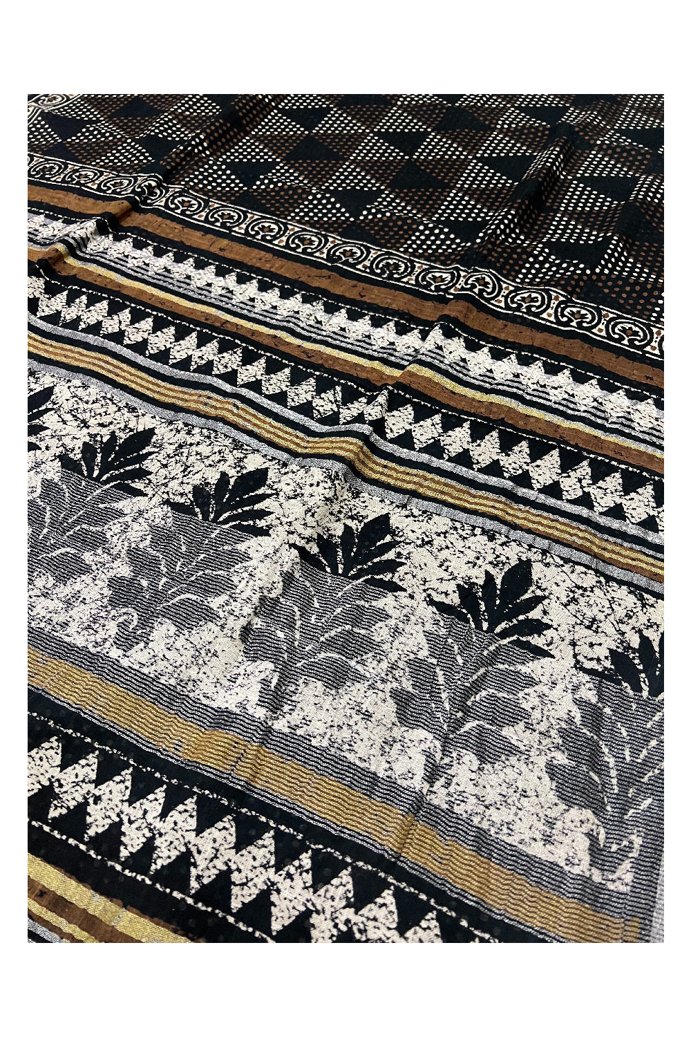 Southloom Linen Black Saree with White and Brown Designer Prints and Tassels on Pallu