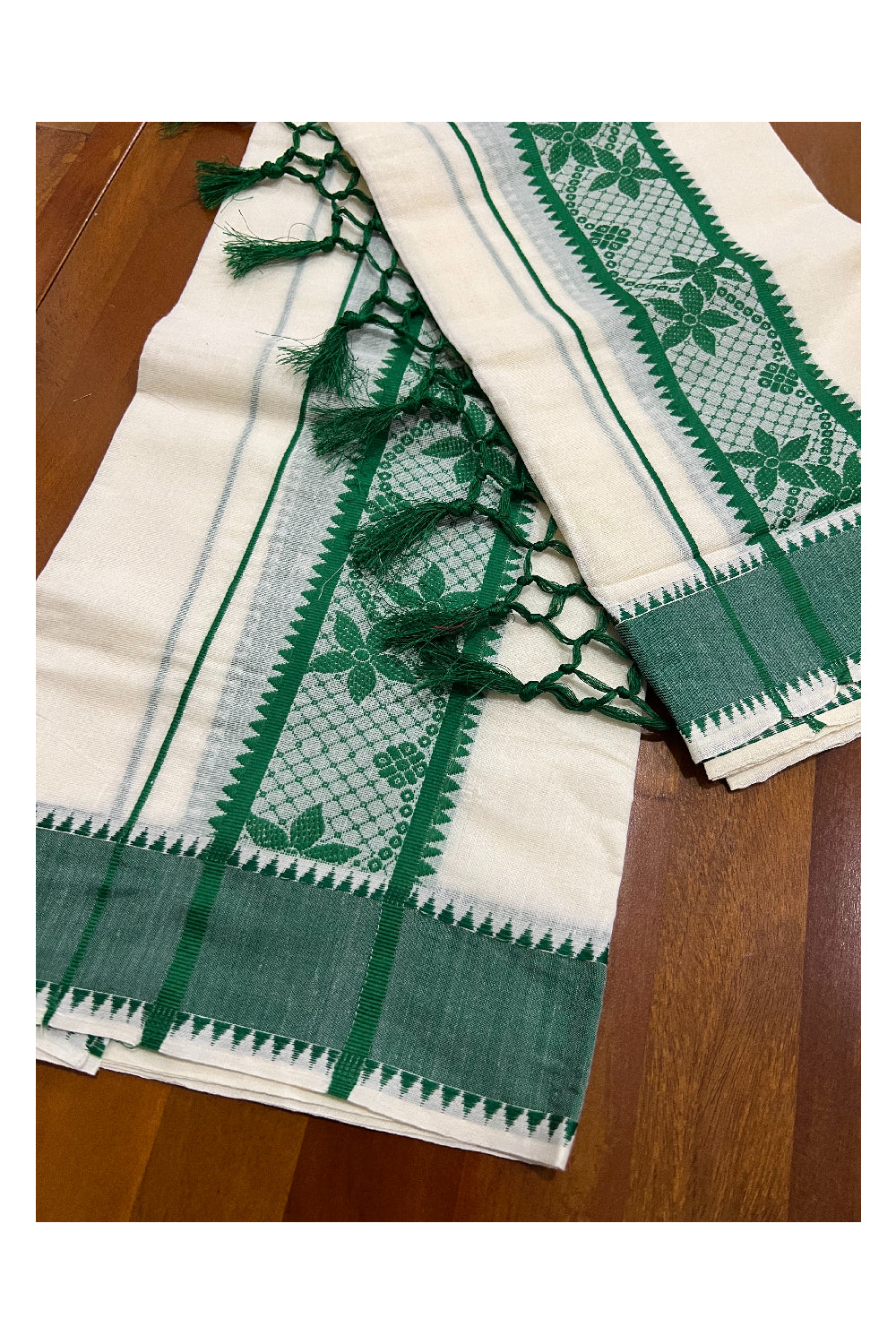 Kerala Cotton Set Mundu (Mundum Neriyathum) with Green Woven Floral Temple Work and Tassels Border