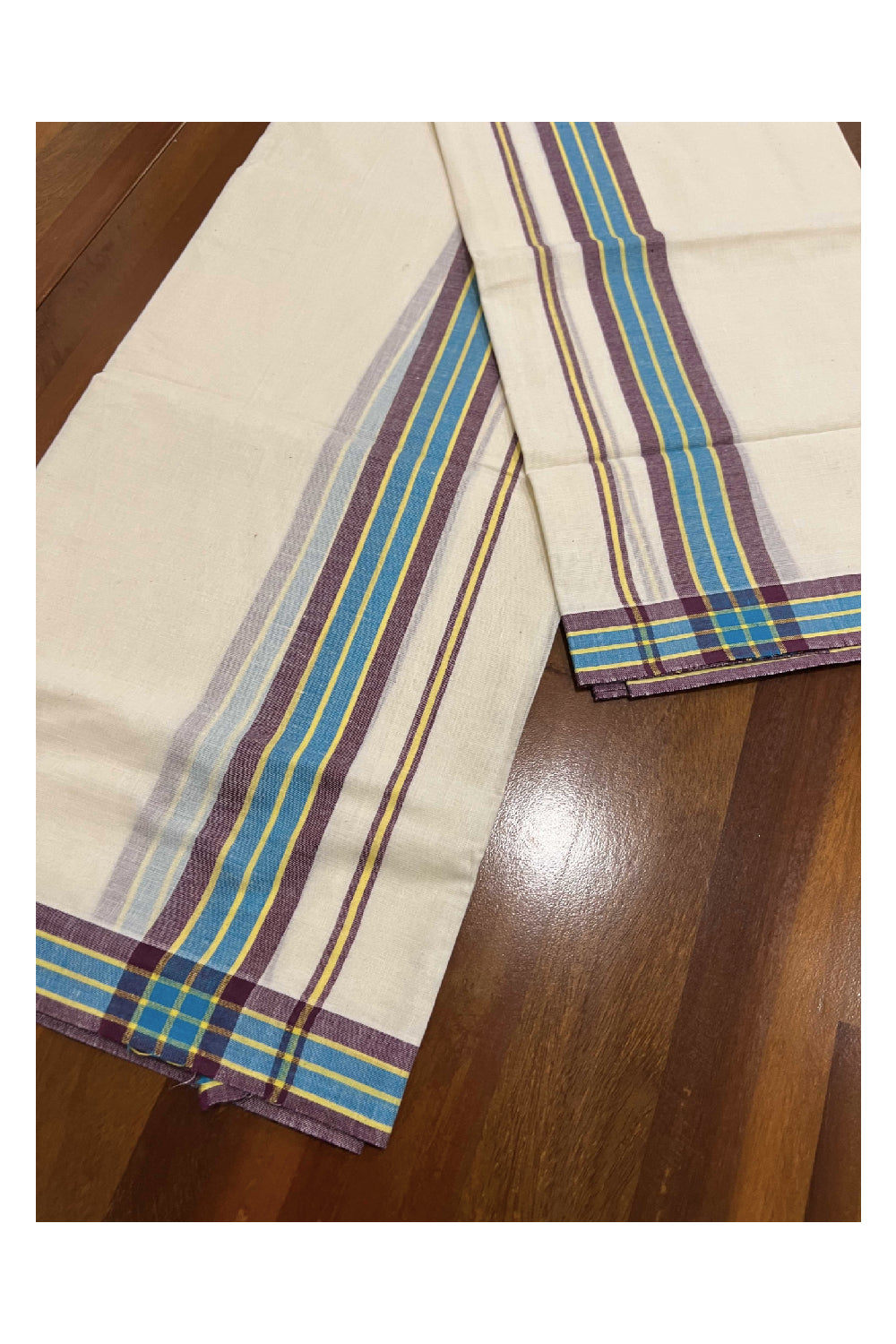 Kerala Cotton Mundum Neriyathum Single (Set Mundu) with Maroon and Blue Mulloth Border (Extra Soft Cotton)