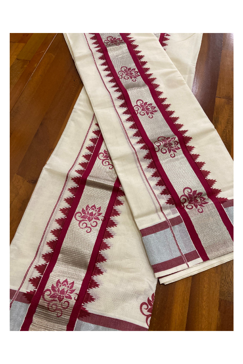 Single Set Mundu in Silver and Maroon Kara with Hand Block Prints (2.80 m)