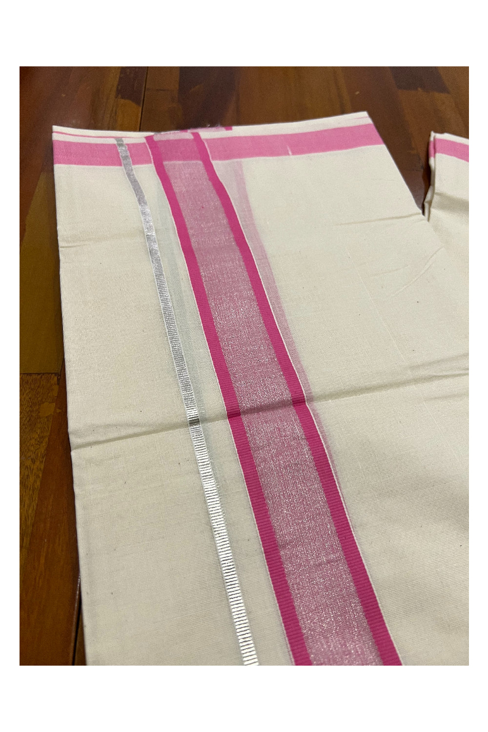 Pure Cotton Off White Double Mundu with Silver Kasavu and Pink Border (South Indian Dhoti)