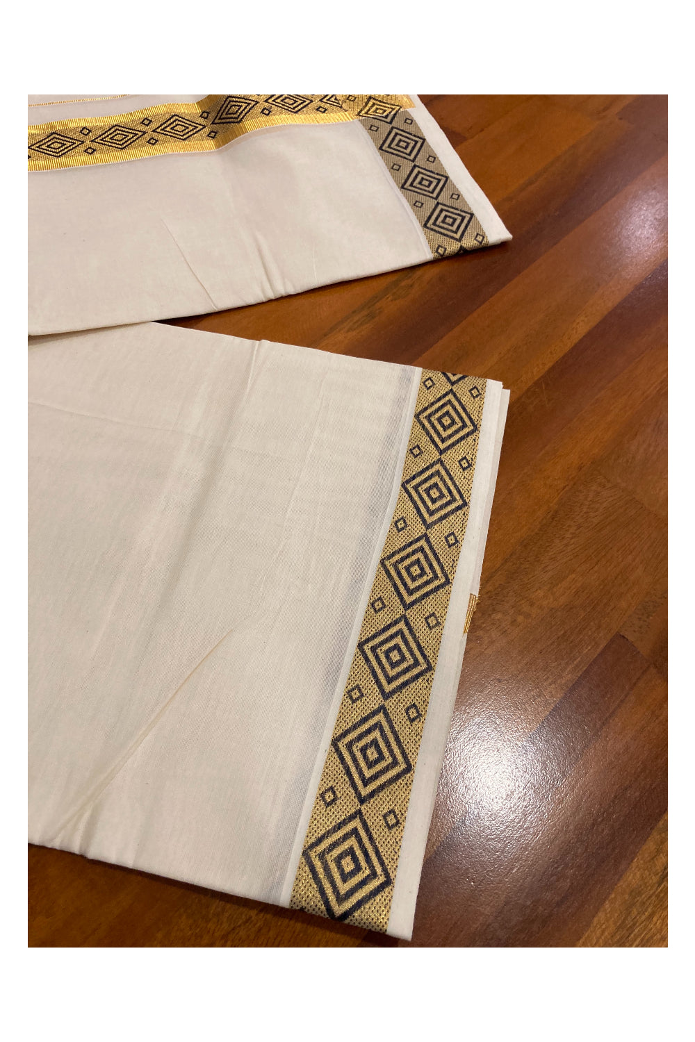 Off White Kerala Double Mundu with Kasavu and Navy Blue Woven Border (South Indian Dhoti)