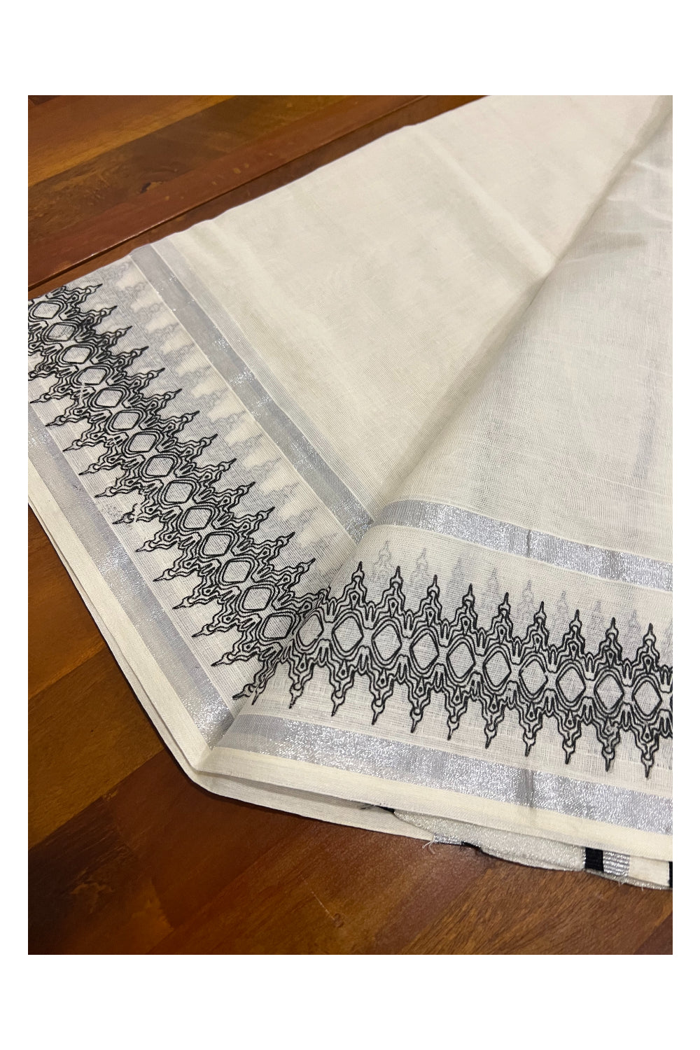 Cotton Silver Kasavu Set Mundu (Mundum Neriyathum) with Black Block Prints on Border