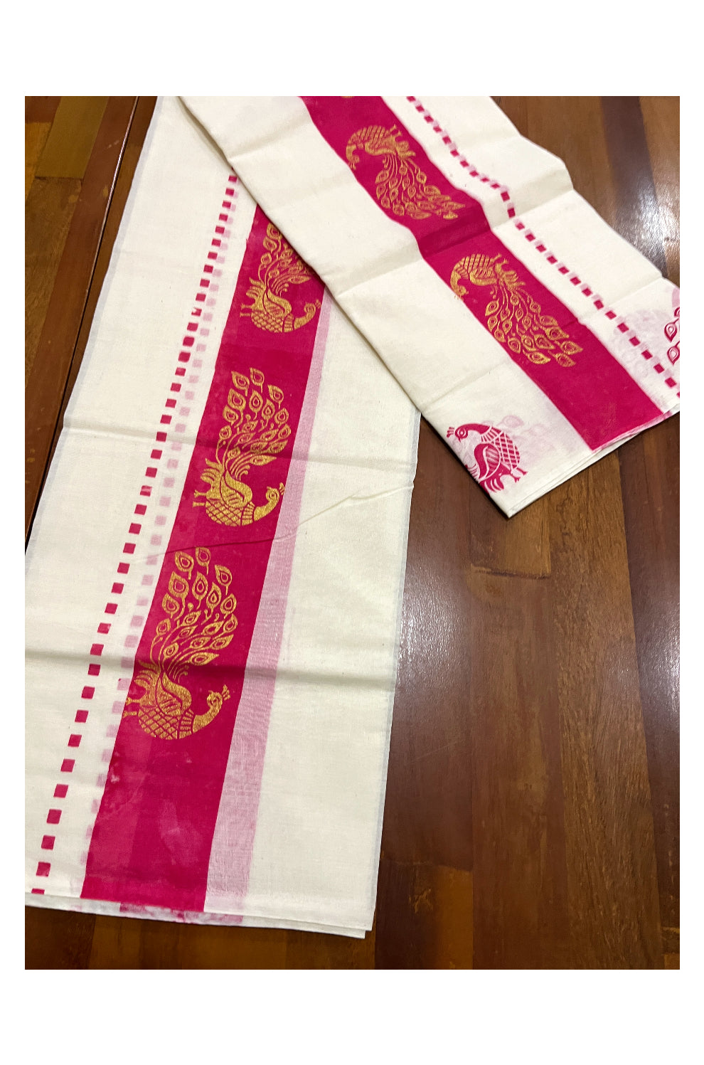 Kerala Cotton Set Mundu (Mundum Neriyathum) with Golden Peacock Block Prints on Magenta Border 2.80 Mtrs