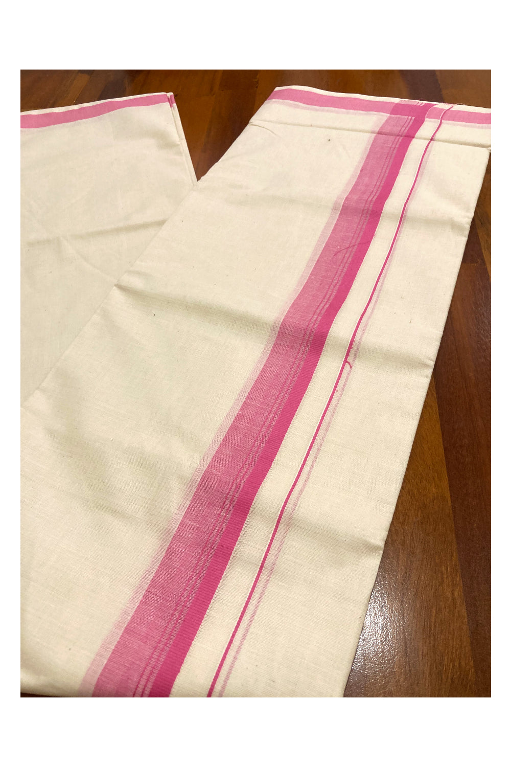 Off White Pure Cotton Double Mundu with Pink Border (South Indian Dhoti)