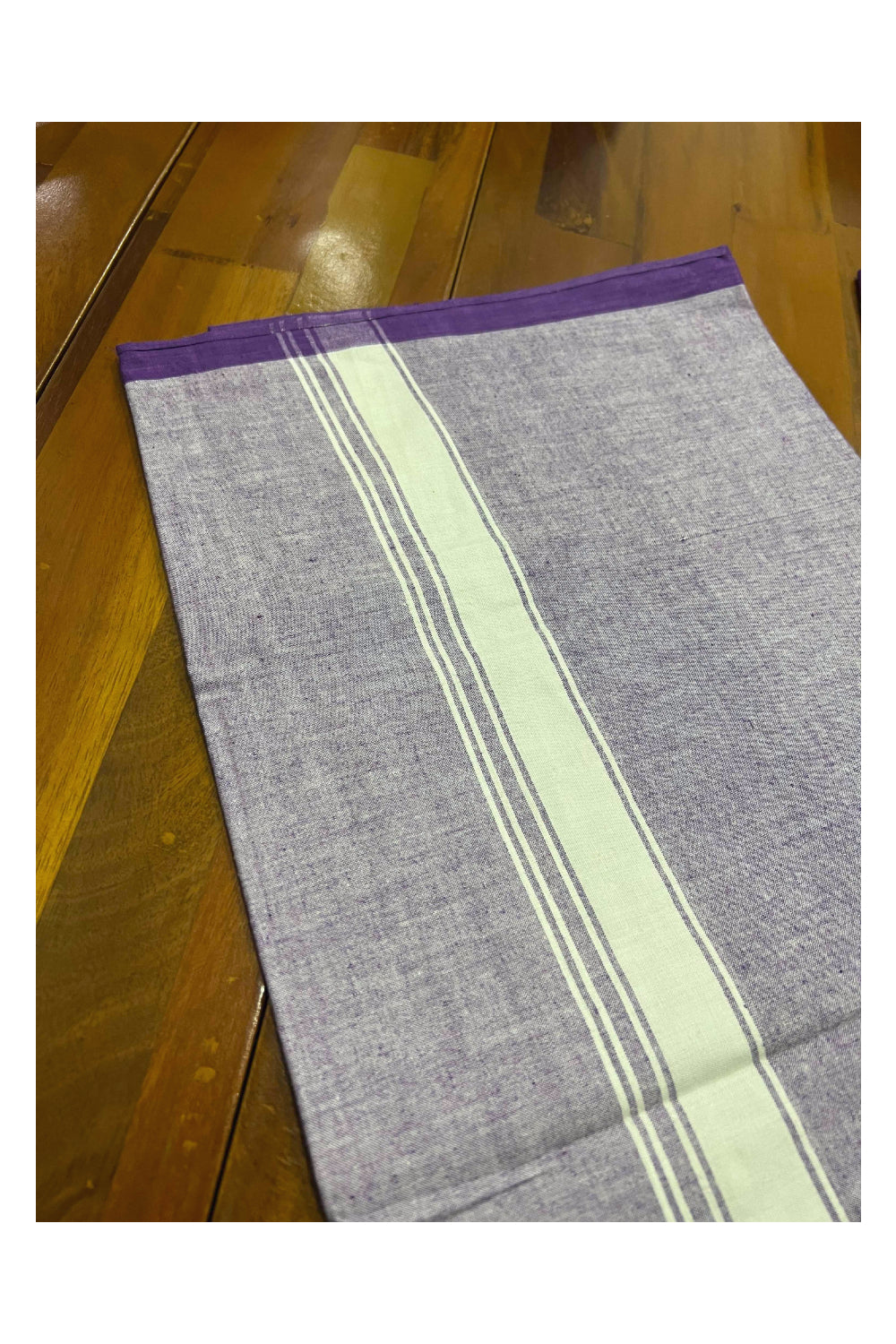 Southloom Premium Handloom Purple Single Mundu with White Border (Lungi)