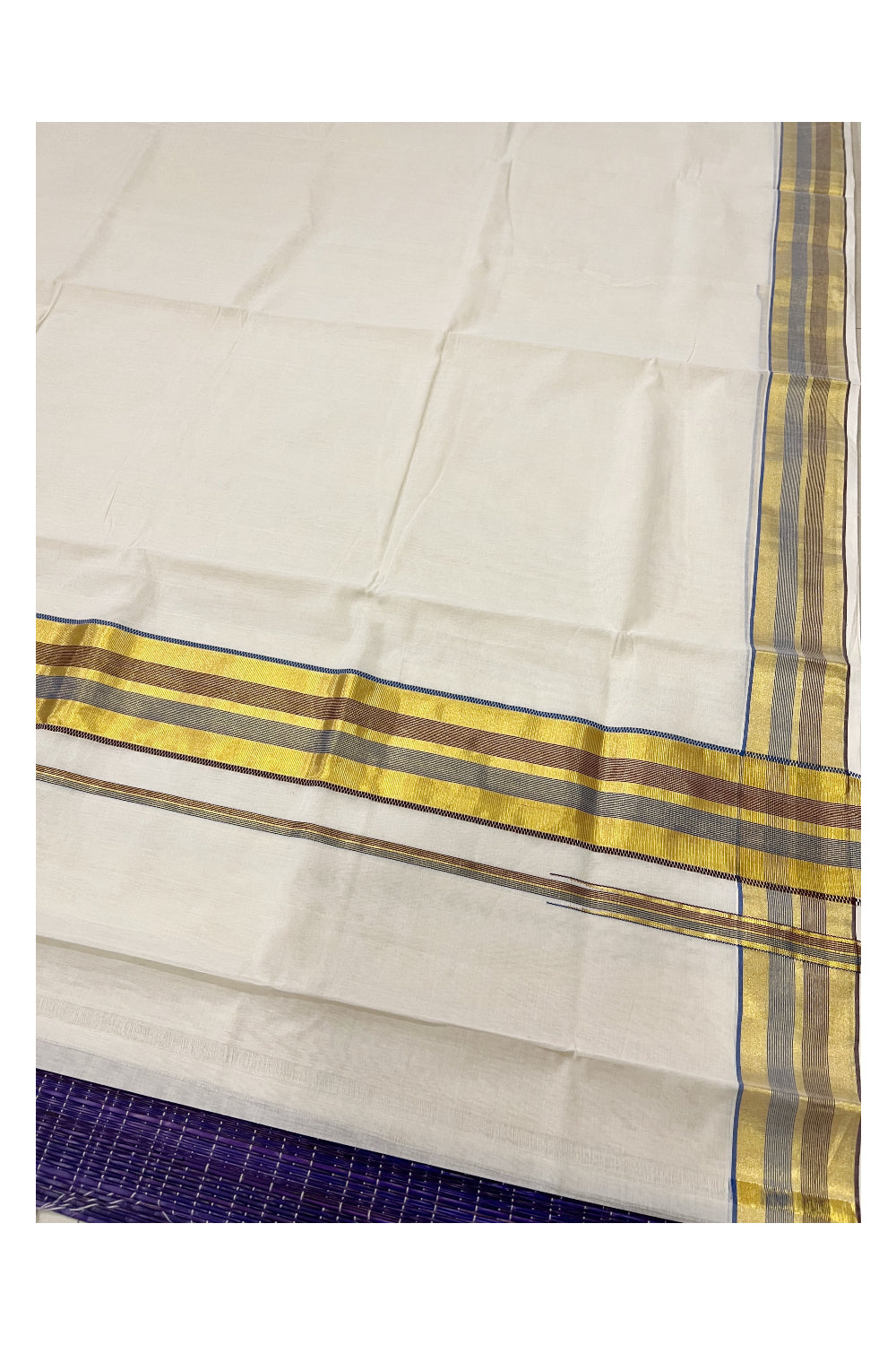 Southloom™ Premium Handloom Kerala Saree with Kasavu Blue and Brown Border