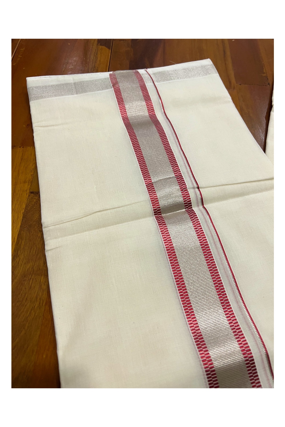 Southloom Premium Handloom Pure Cotton Mundu with Silver and Dark Red Kasavu Designer Border (South Indian Dhoti)