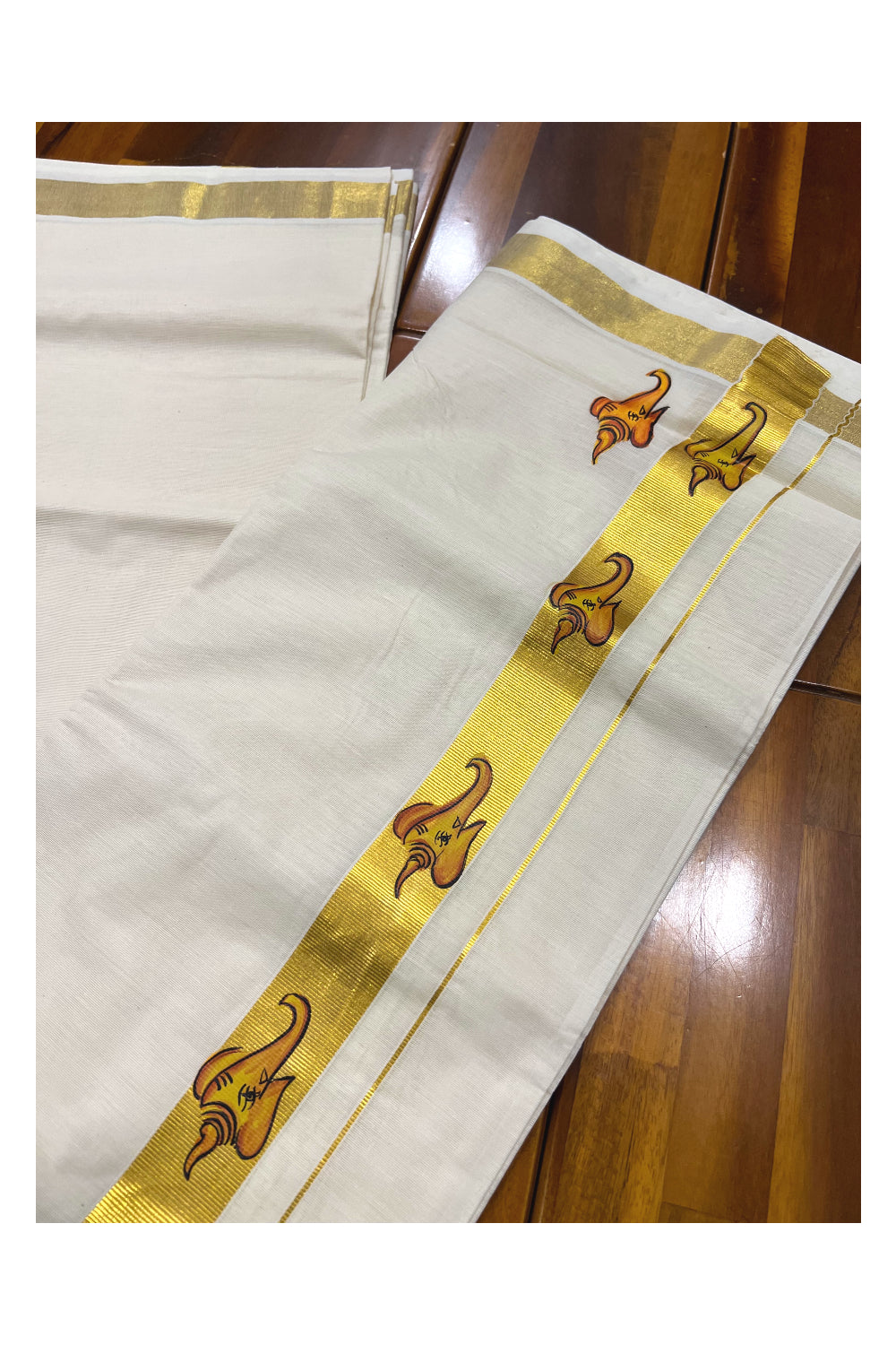 Pure Cotton Kasavu Mundu with Mural Hand Painted Design (South Indian Kerala Dhoti)