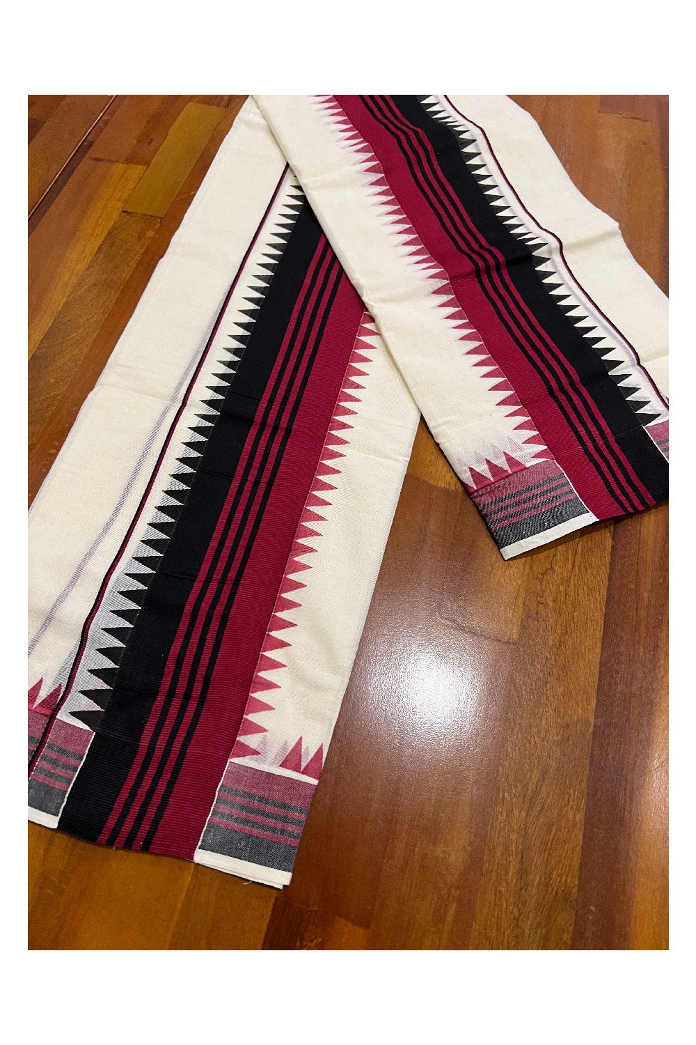 Pure Cotton Set Mundu (Mundum Neriyathum) with Maroon and Black Temple Block Prints on Border