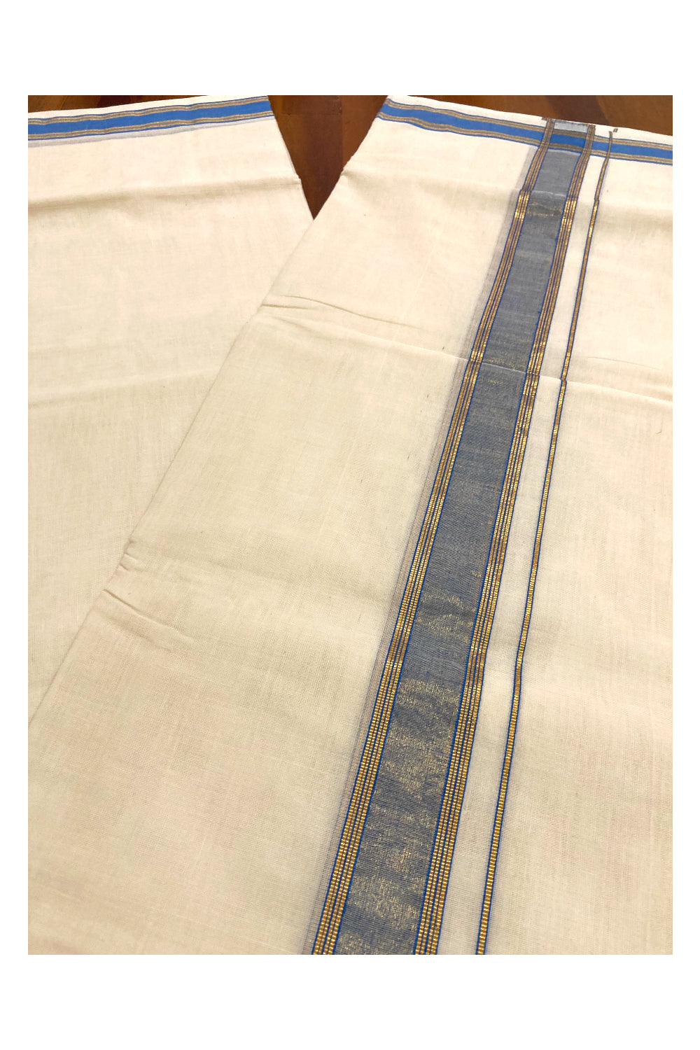 Southloom Premium Handloom Pure Cotton Mundu with Blue and Kasavu Border (South Indian Dhoti)