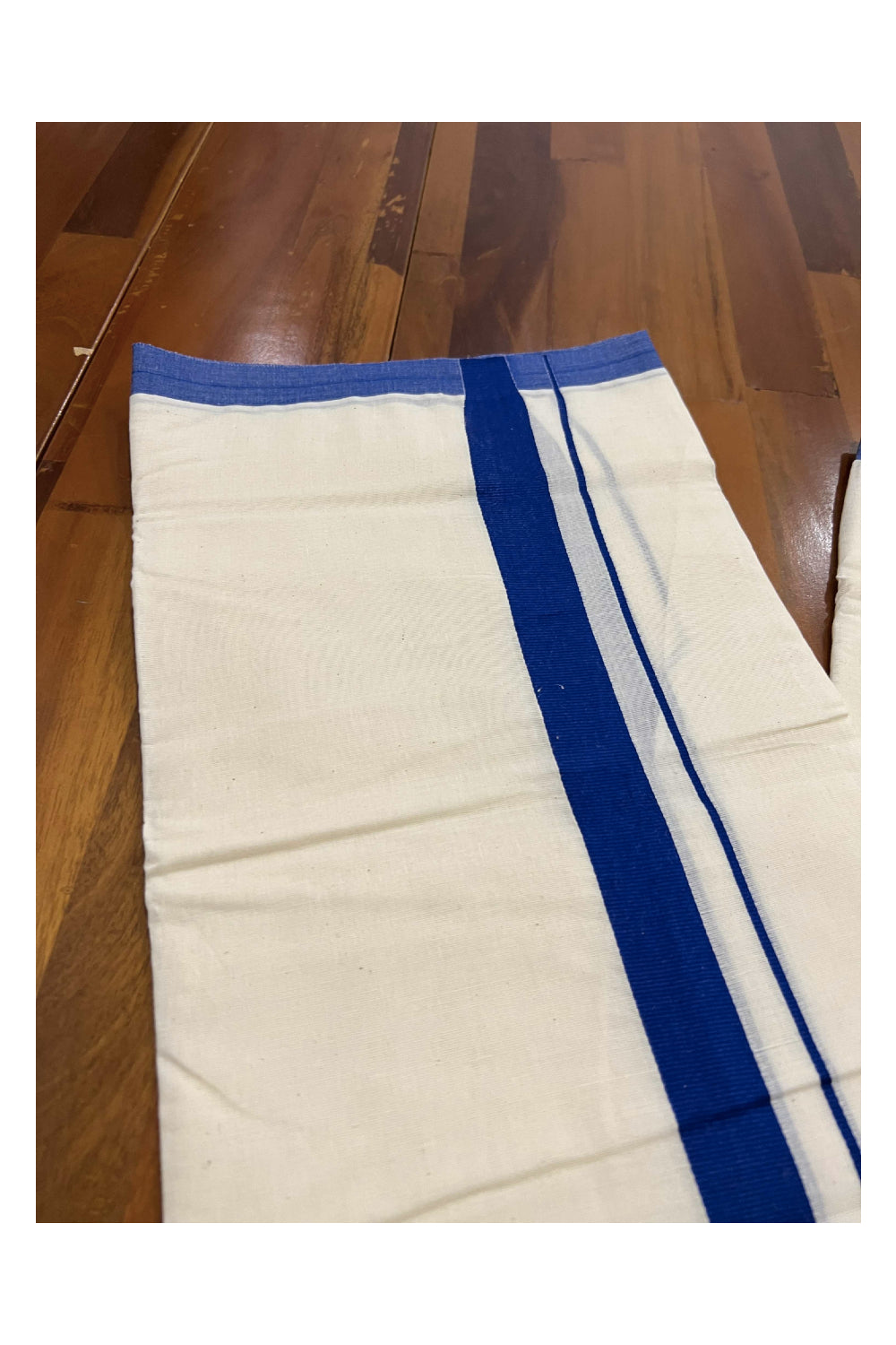 Off White Pure Cotton Double Mundu with Dark Blue Kara (South Indian Dhoti)