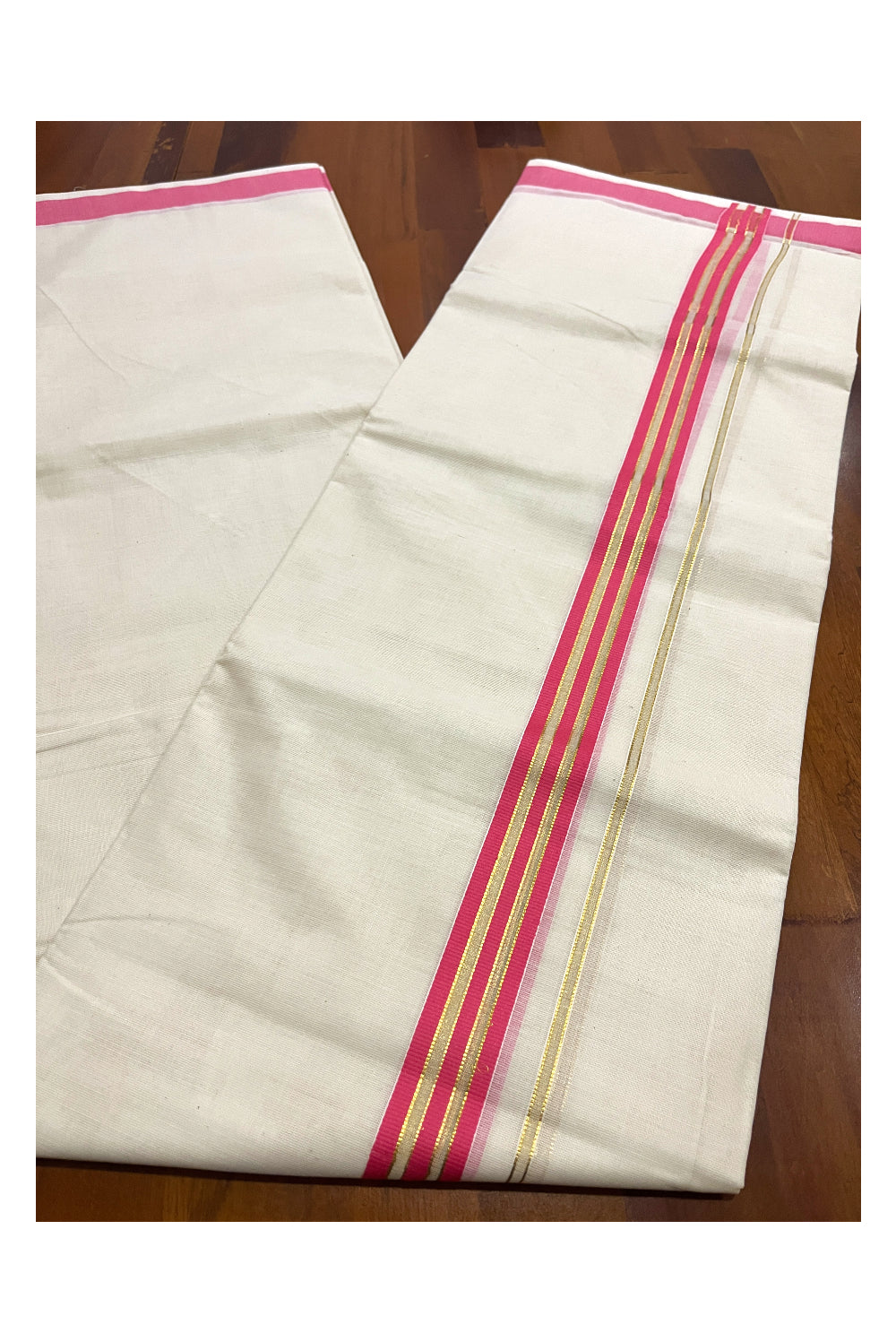 Pure Cotton Off White Double Mundu with Pink and Kasavu Kara (South Indian Kerala Dhoti)