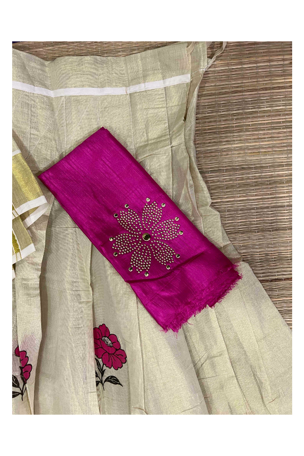 Kerala Tissue Stitched Dhavani Set with Blouse Piece and Neriyathu in with Magenta Accents and Mural Designs