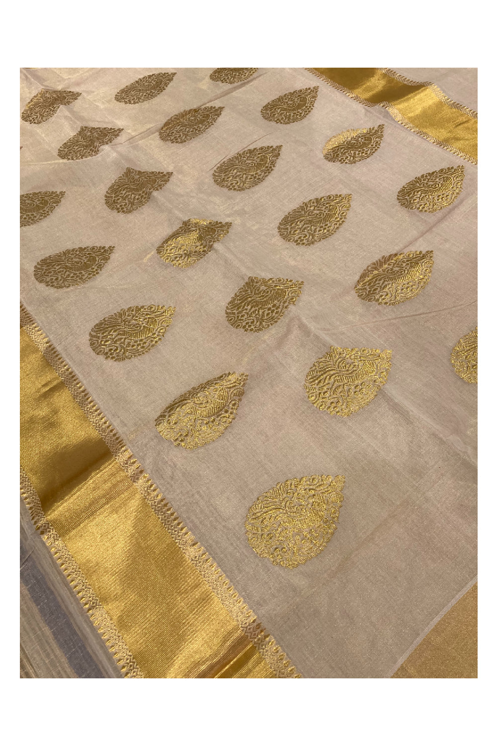 Southloom Balaramapuram Handloom Tissue Heavy Work Saree with Woven Motifs Design