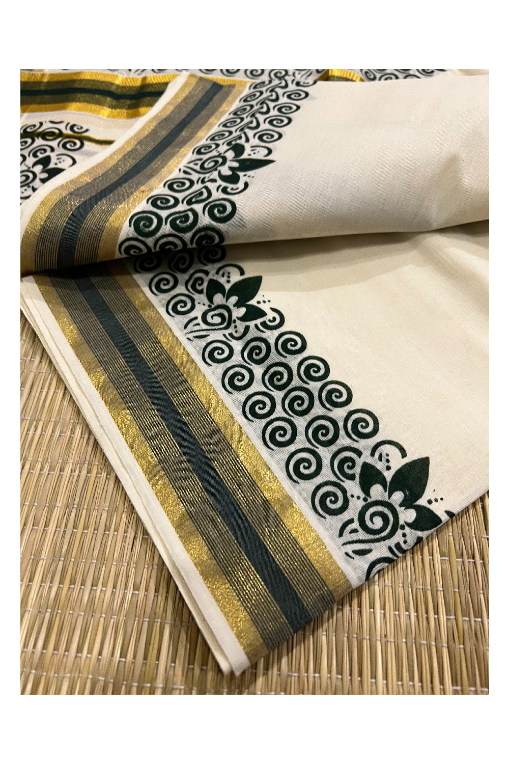 Kerala Cotton Kasavu Set Mundu (Mundum Neriyathum) with Dark Green Floral Block Prints on Border 2.80 Mtrs