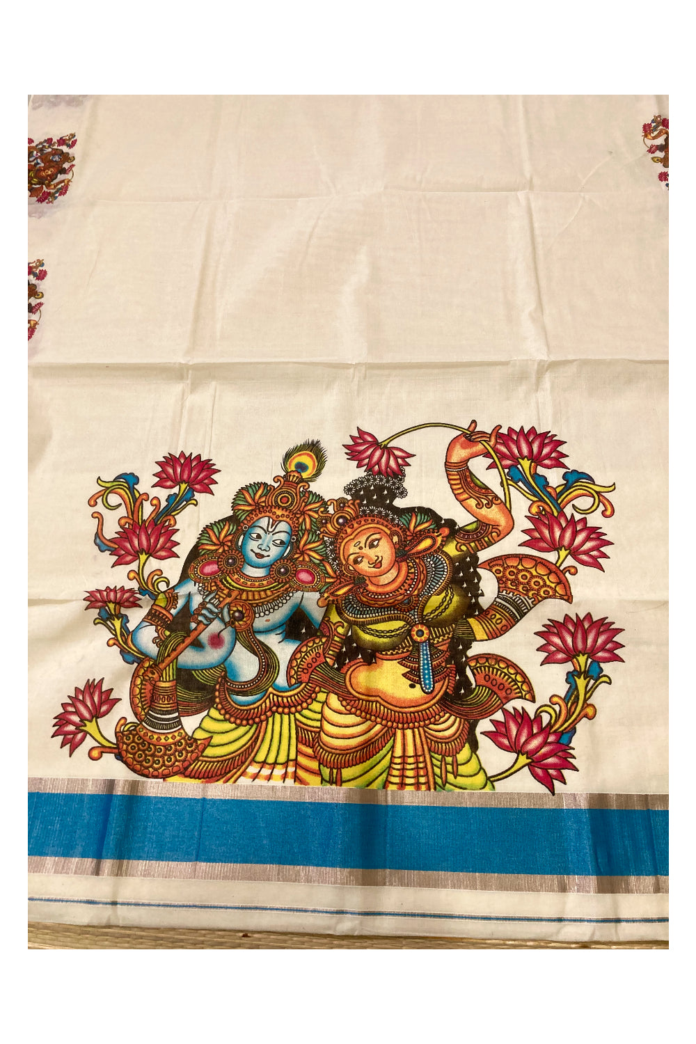 Pure Cotton Kerala Saree with Krishna Radha Mural Prints and Silver Blue Border