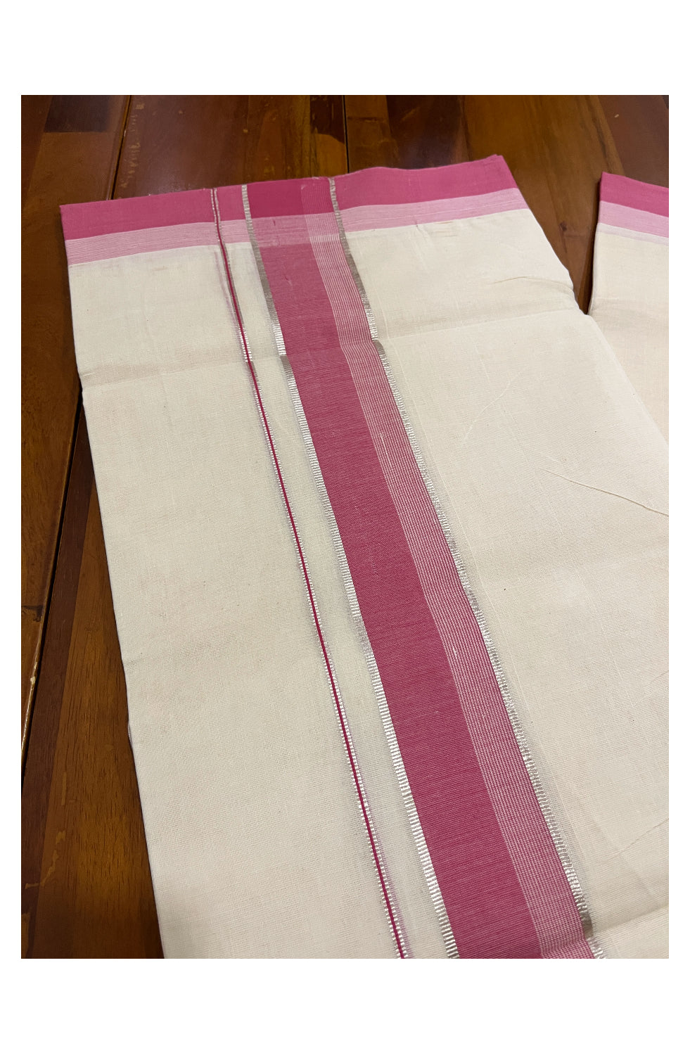 Pure Cotton Off White 100x100 Double Mundu with Silver Kasavu and Red Line Border (South Indian Dhoti)