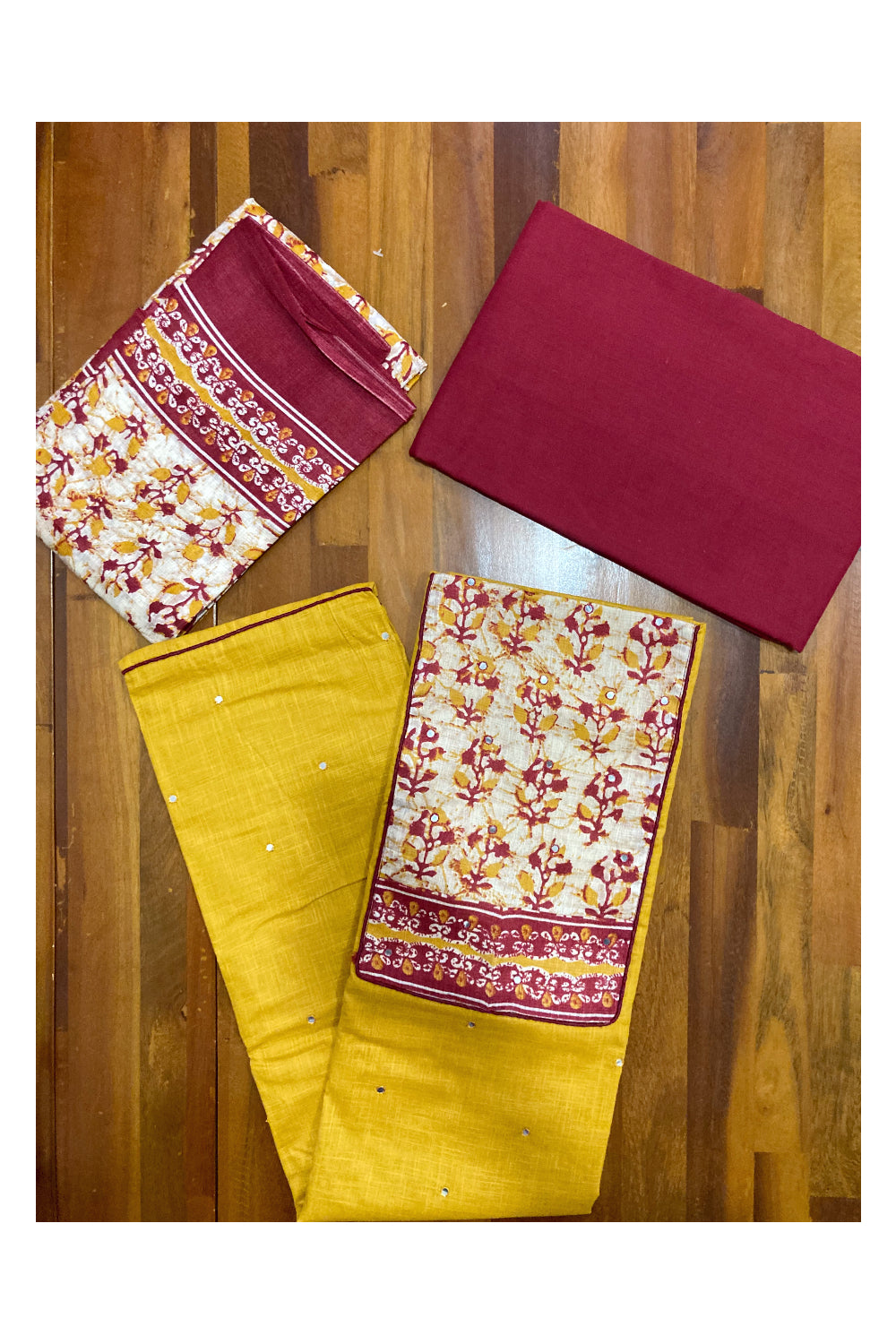 Southloom™ Cotton Churidar Salwar Suit Material in Yellow and Printed Mirror Work on Yoke Portion