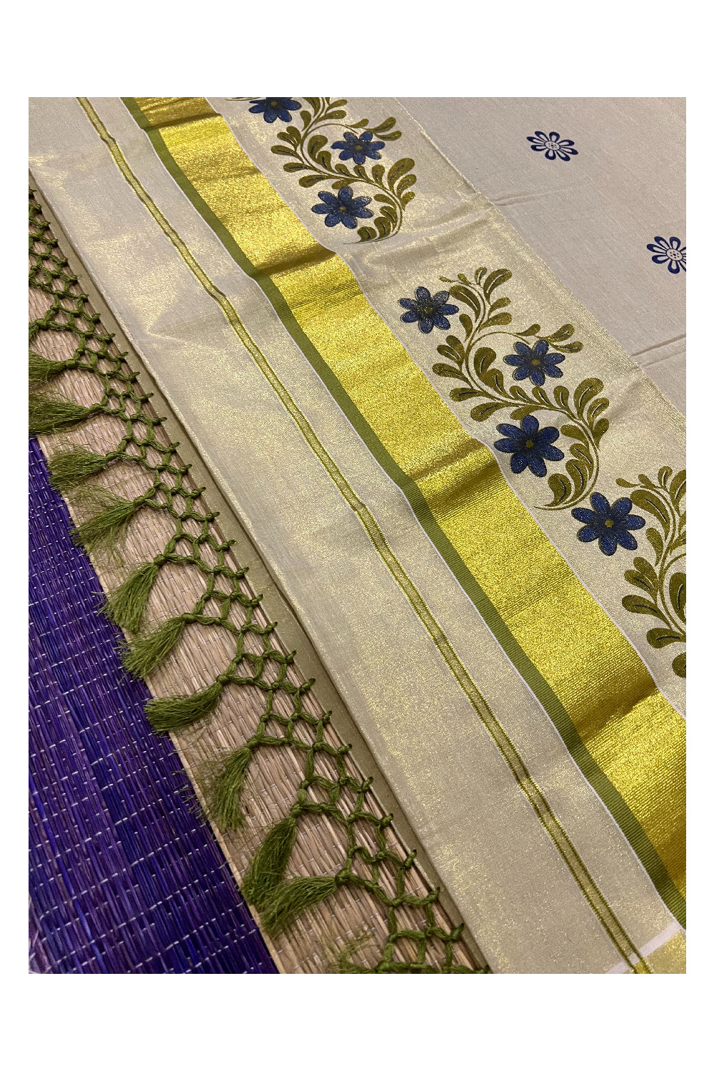 Kerala Tissue Kasavu Saree with Light Green Dark Blue Mural Floral Design and Tassels on Pallu