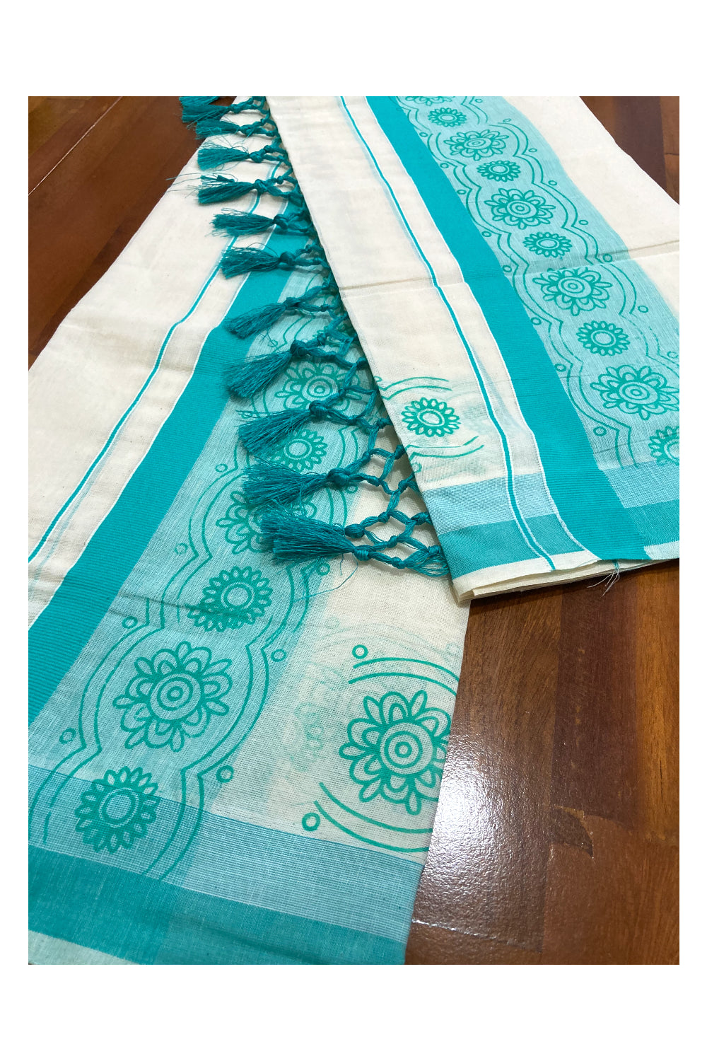 Kerala Cotton Mundum Neriyathum Single (Set Mundu) with Turquoise Floral Block Print Border and Tassels Work