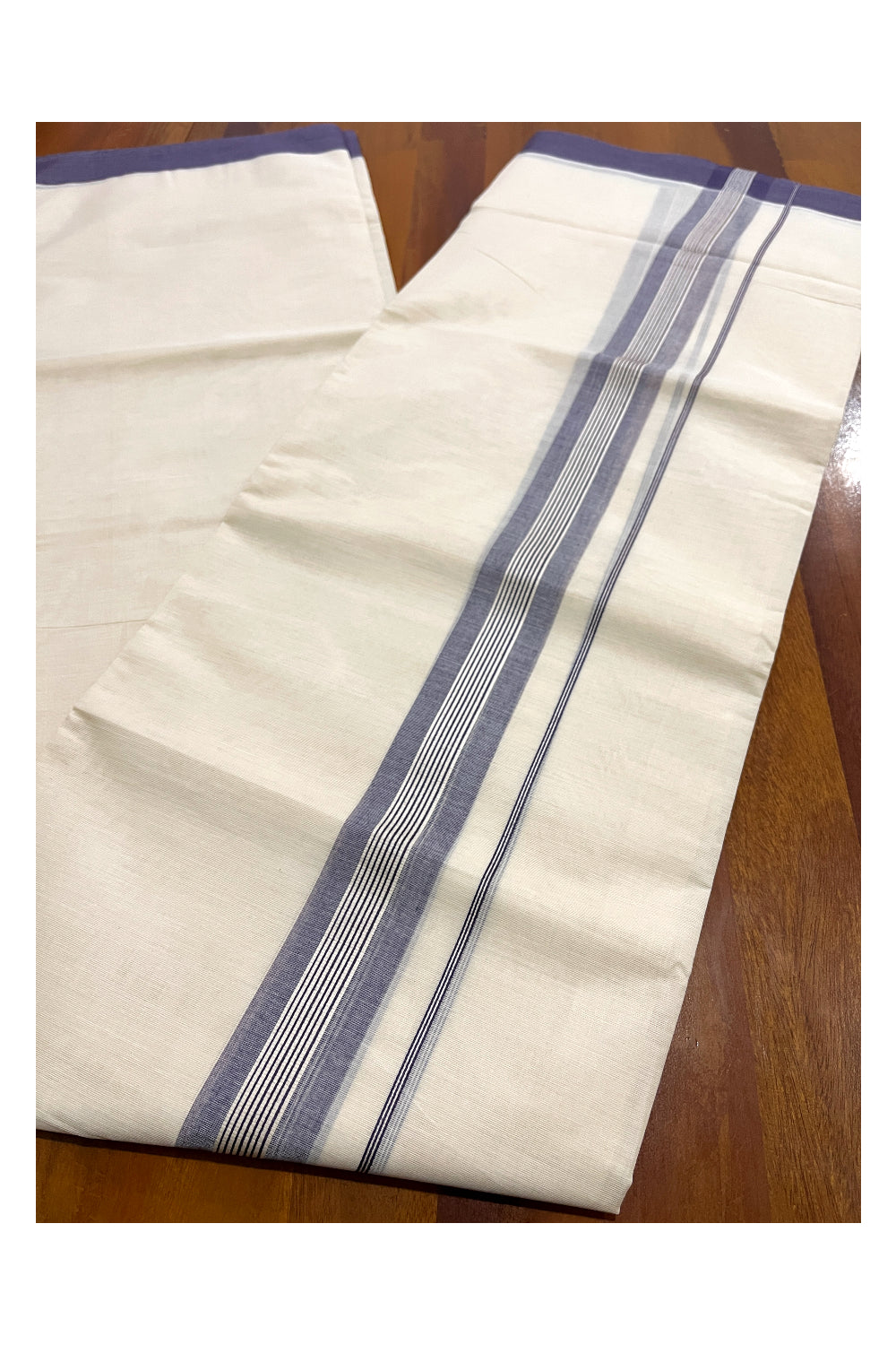 Pure Cotton Off White Double Mundu with Dark Purple Kara (South Indian Dhoti)