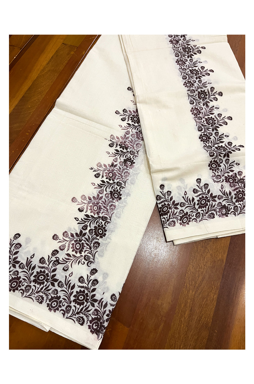 Kerala Cotton Set Mundu (Mundum Neriyathum) with Brown Floral Block Prints on Border 2.80 Mtrs