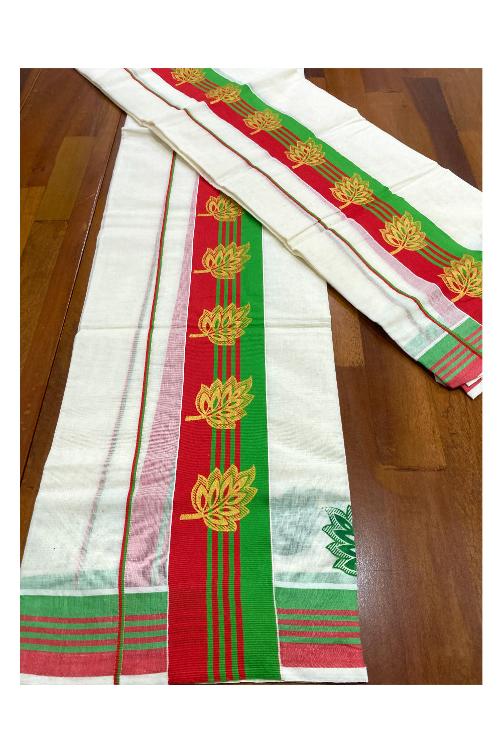 Cotton Set Mundu (Mundum Neriyathum) with Golden Block Prints on Green and Red Border