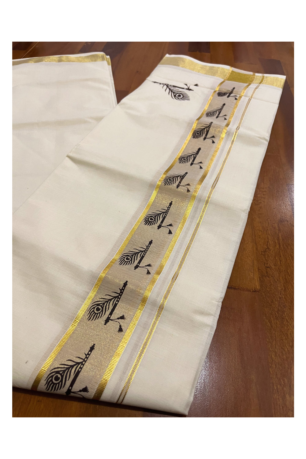 Pure Cotton Off White Double Mundu with Brown Block Prints on Kasavu Kara (South Indian Dhoti)