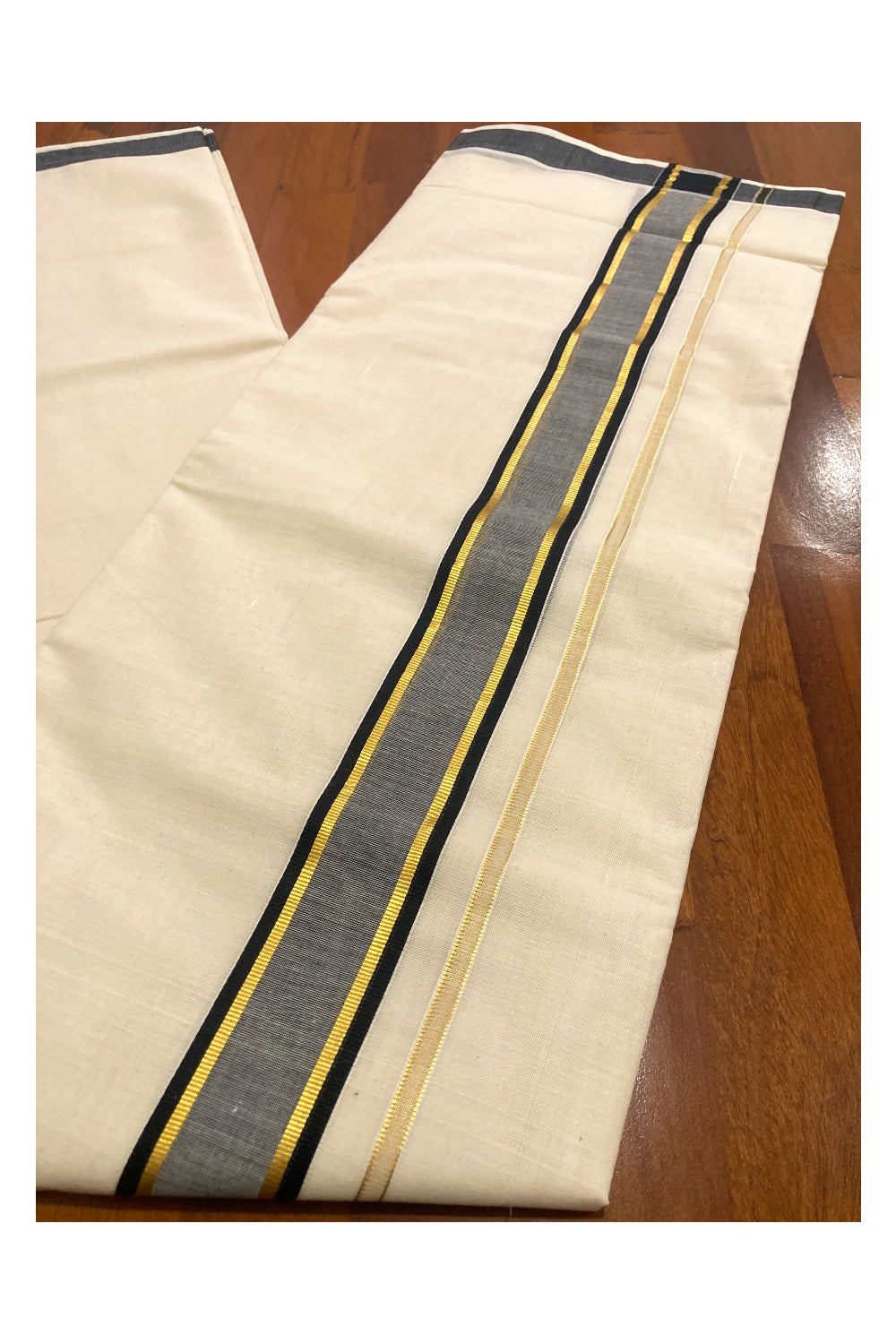 Pure Cotton Kerala Double Mundu with Kasavu and Black Border (South Indian Dhoti)