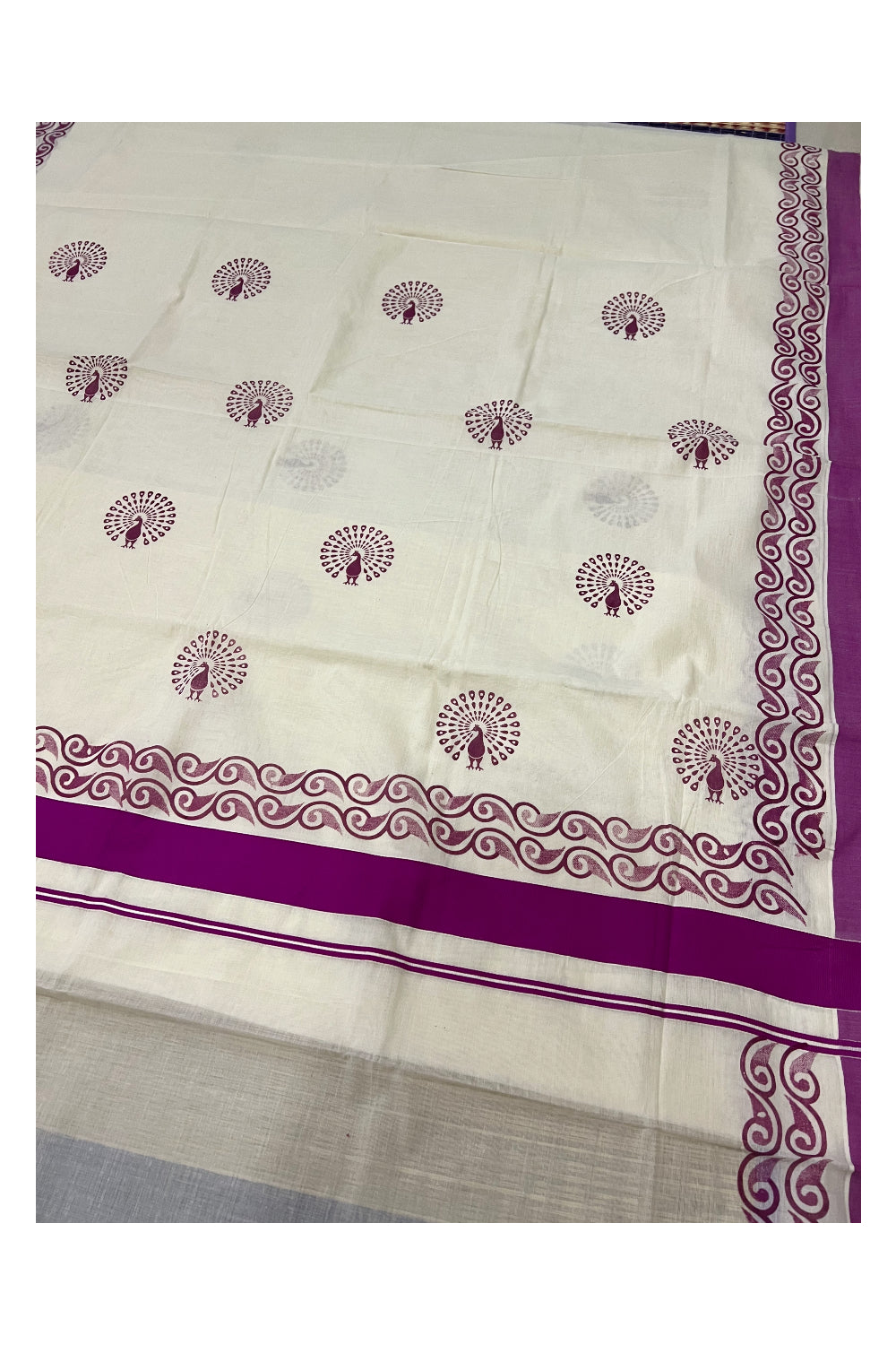 Pure Cotton Kerala Saree with Magenta Peacock Block Printed Design