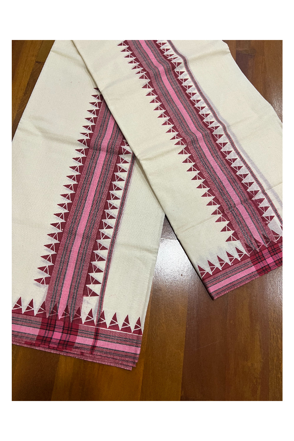 Kerala Cotton Mulloth Mundum Neriyathum Single (Set Mundu) with Maroon Temple Block Prints on Border (Extra Soft Cotton)