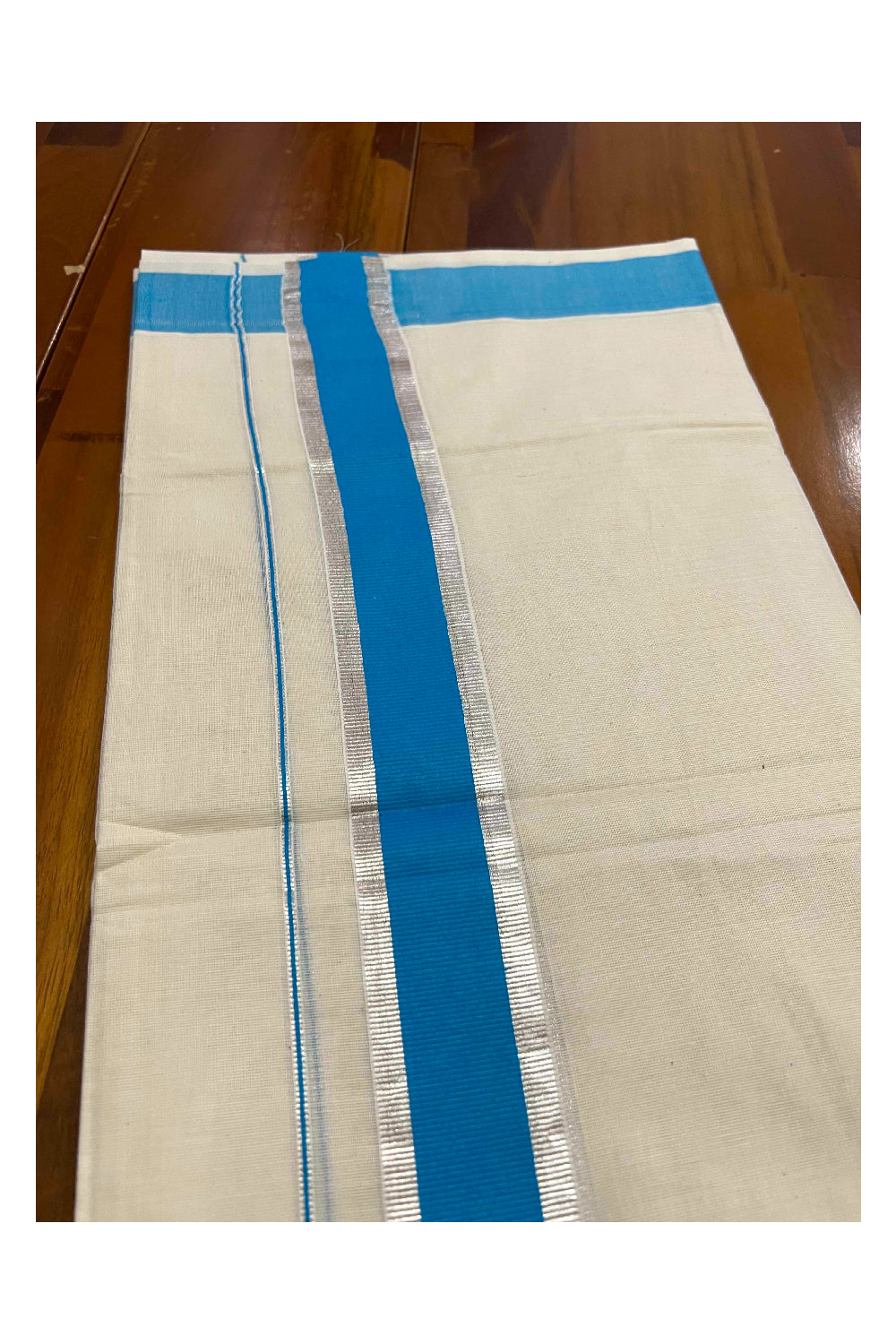 Off White Kerala Double Mundu with Silver Kasavu and Light Blue Border (South Indian Dhoti)