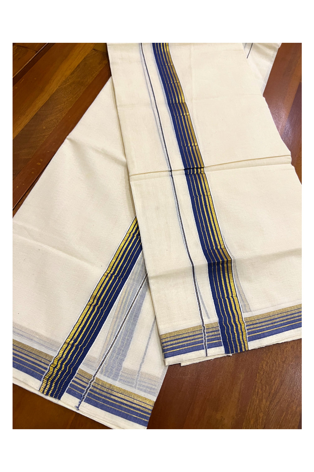 Pure Cotton Kerala Single Set Mundu (Mundum Neriyathum) with Blue and Kasavu 1 inch Border