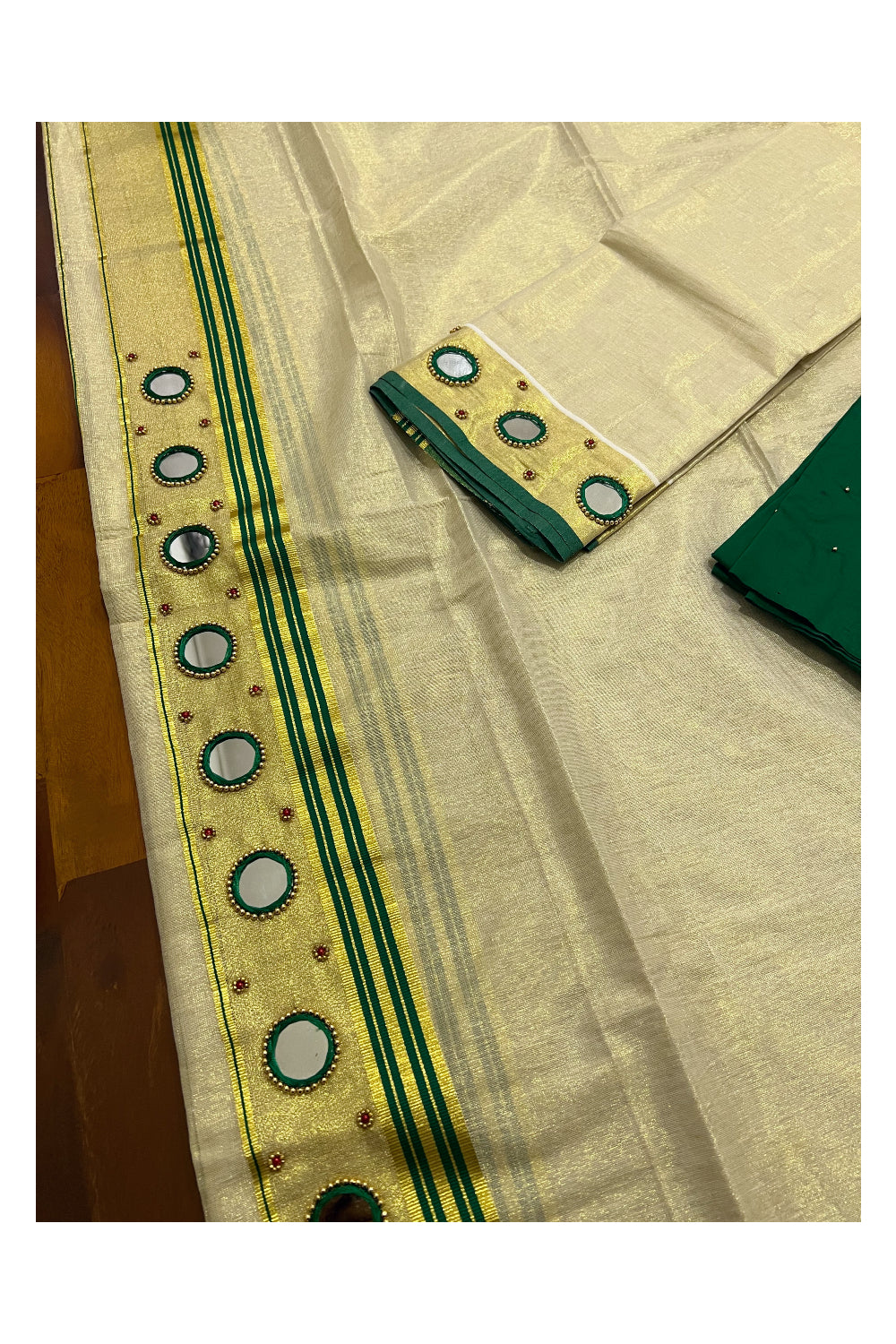 Kerala Tissue Kasavu Set Mundu (Mundum Neriyathum) with Green Border and Mirror Bead Handwork Design 2.80 Mtrs (Include Blouse Piece)