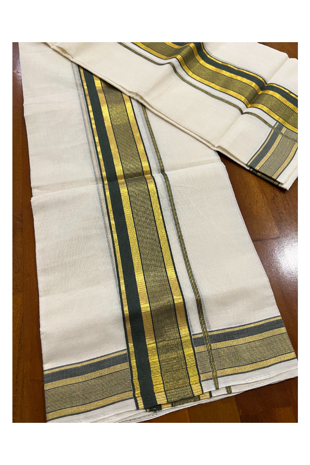 Southloom Premium Handloom Set Mundu with Kasavu and Greyish Green Line Border