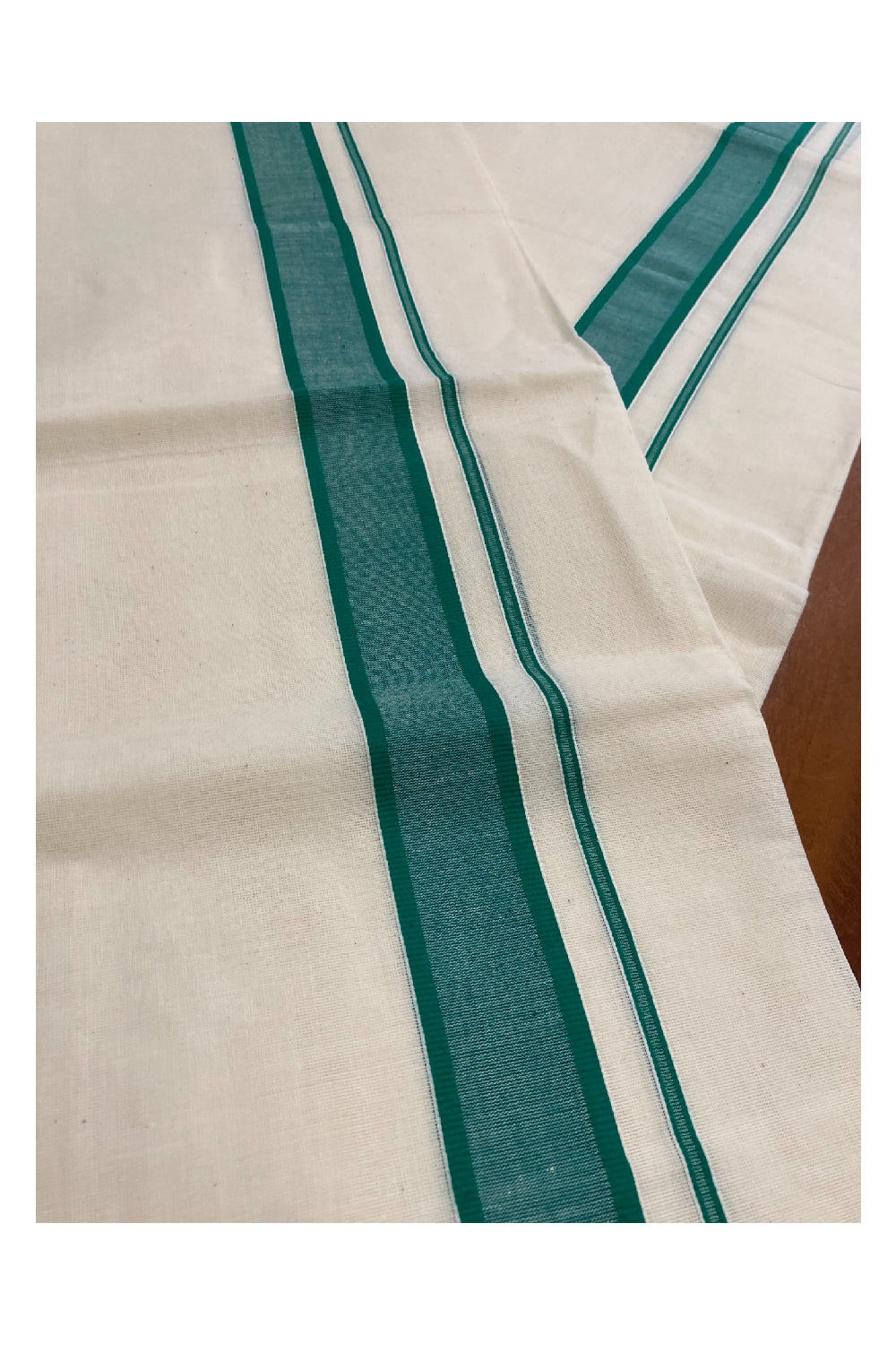 Kerala Cotton Mundum Neriyathum Double (Set Mundu) with Green Border