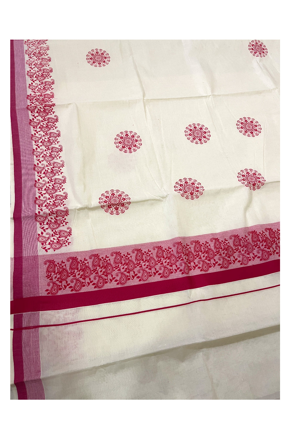 Pure Cotton Off White Kerala Saree with Pink Paisley Block Prints on Border