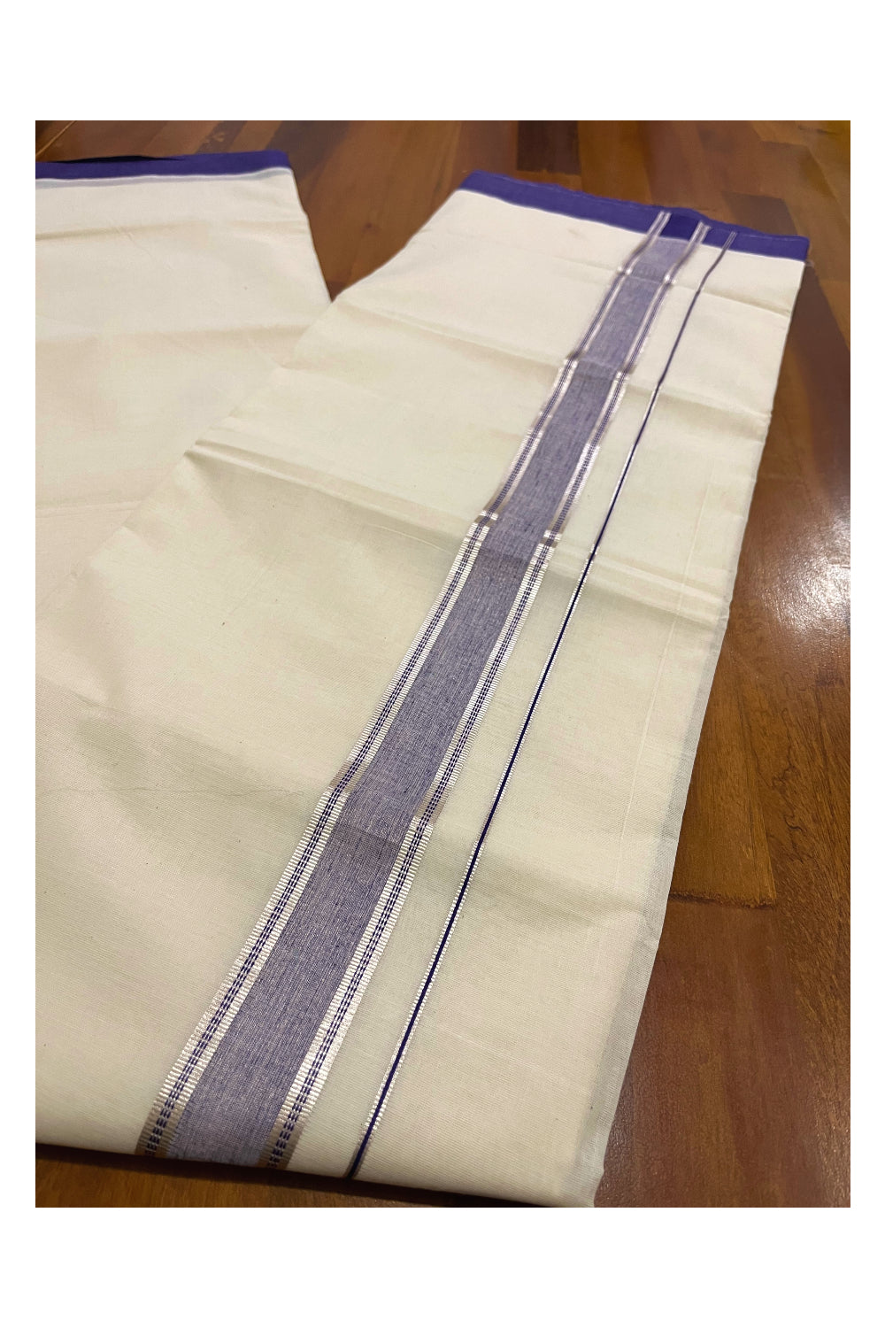 Pure Cotton Off White Double Mundu with Silver Kasavu and Purple Border (South Indian Dhoti)