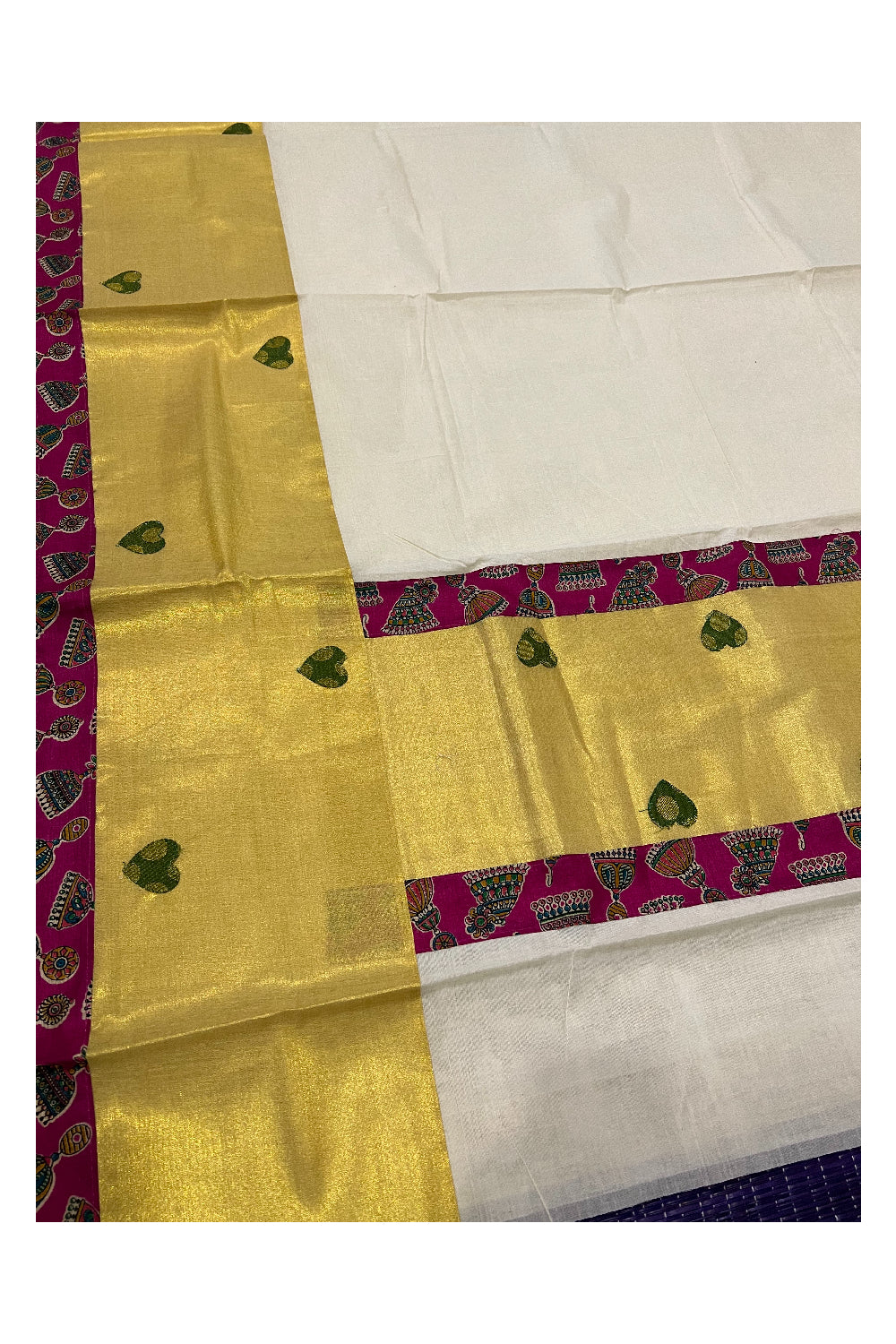 Kerala Pure Cotton Fusion Art Magenta Jimikki Kammal Printed Kasavu Saree with Printed Blouse Piece