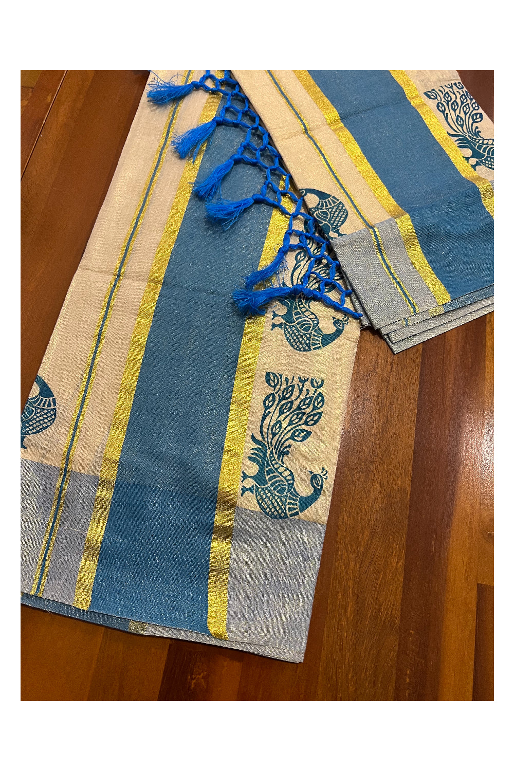 Kerala Tissue Kasavu Set Mundu (Mundum Neriyathum) with Blue Peacock Block Prints and Tassels Border