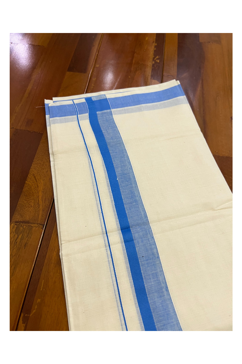 Off White Kerala Double Mundu with Blue Shaded Kara (South Indian Dhoti)