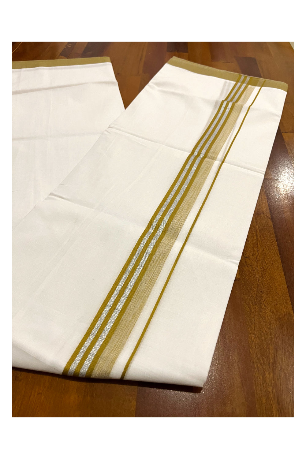 Pure White Cotton Double Mundu with Silver Kasavu and Olive Green Border (South Indian Dhoti)