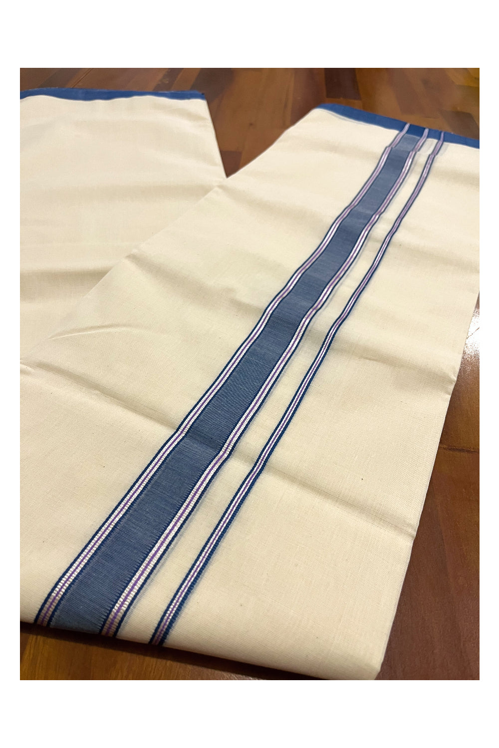 Southloom Premium Handloom Double Mundu with Blue and Silver Kasavu Border (South Indian Kerala Dhoti)