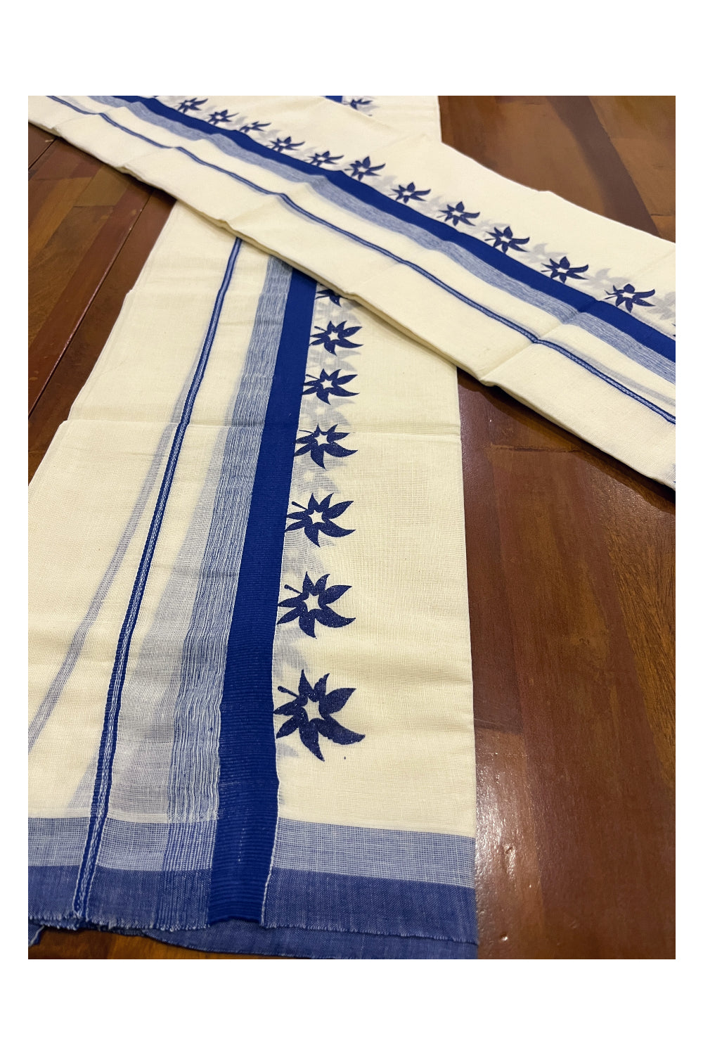 Kerala Cotton Single Set Mundu (Mundum Neriyathum) with Blue Floral Block Prints on Border