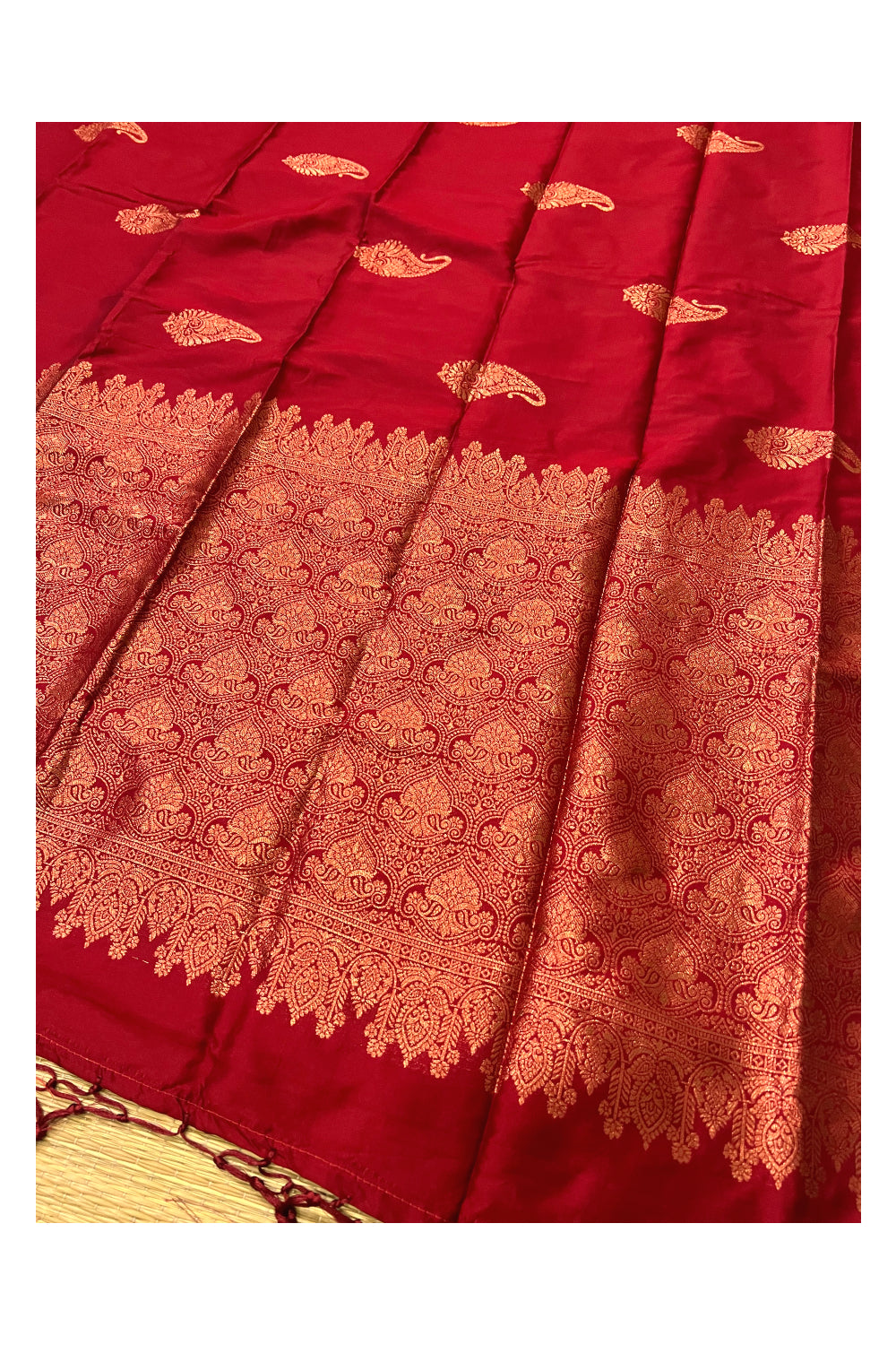 Southloom Red Semi Silk Designer Saree with Copper Kasavu Woven Works on Body